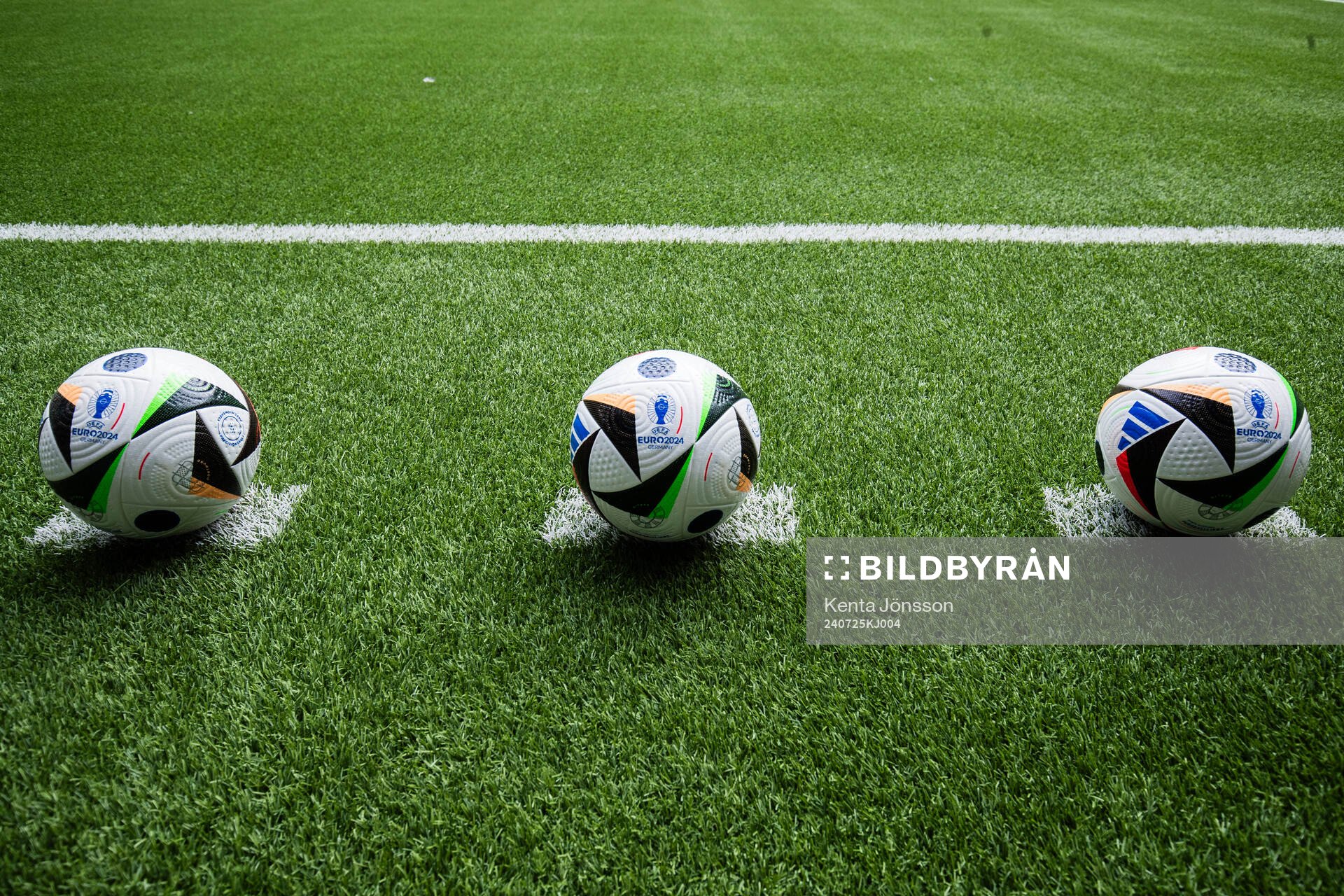 Footballs ahead of the UEFA Conference League qualifying match between Djurgården and FC Progres Niederkorn on July 25, 2024 in Stockholm.