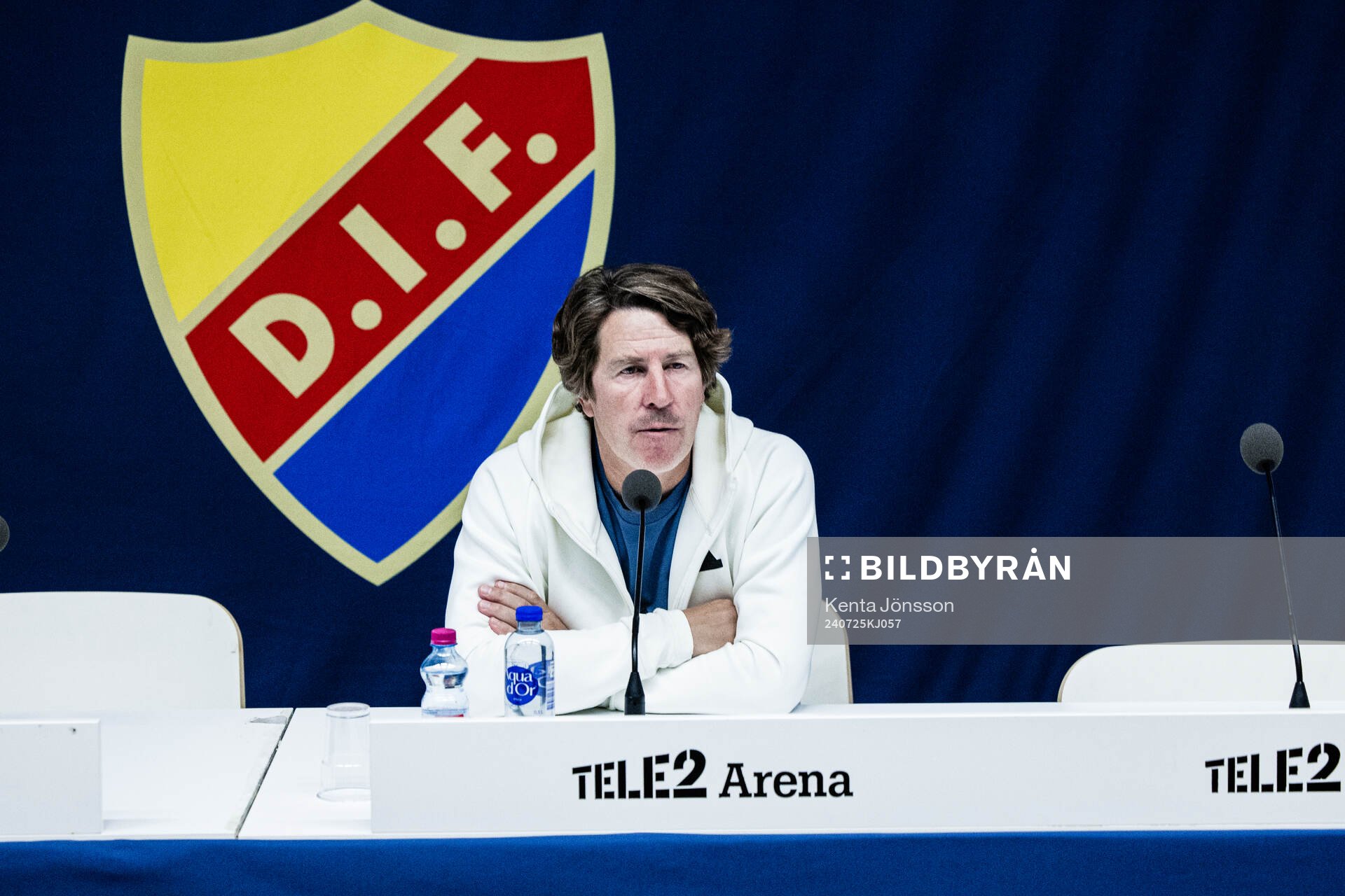 Coach Thomas Lagerlöf of Djurgården during the press conference after the UEFA Conference League qualifying match between Djurgården and FC Progres Niederkorn on July 25, 2024 in Stockholm.