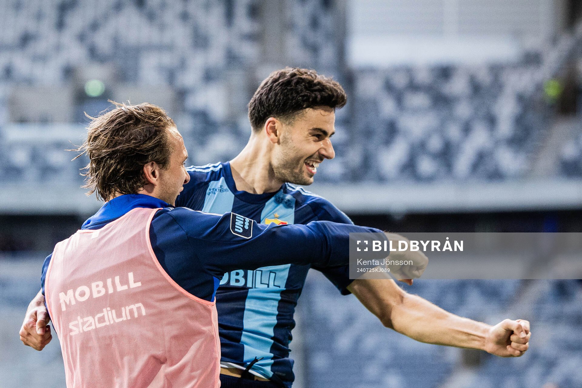 Deniz Hümmet and Albin Ekdal of Djurgården celebrates after the 3-0 goal during the UEFA Conference League qualifying match between Djurgården and FC Progres Niederkorn on July 25, 2024 in Stockholm.