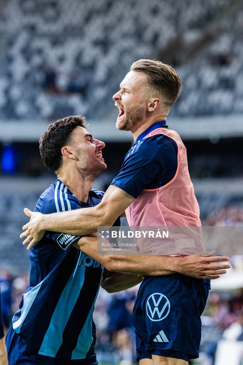 Deniz Hümmet and Jacob Une Larsson celebrates after the 3-0 goal during the UEFA Conference League qualifying match between Djurgården and FC Progres Niederkorn on July 25, 2024 in Stockholm.
