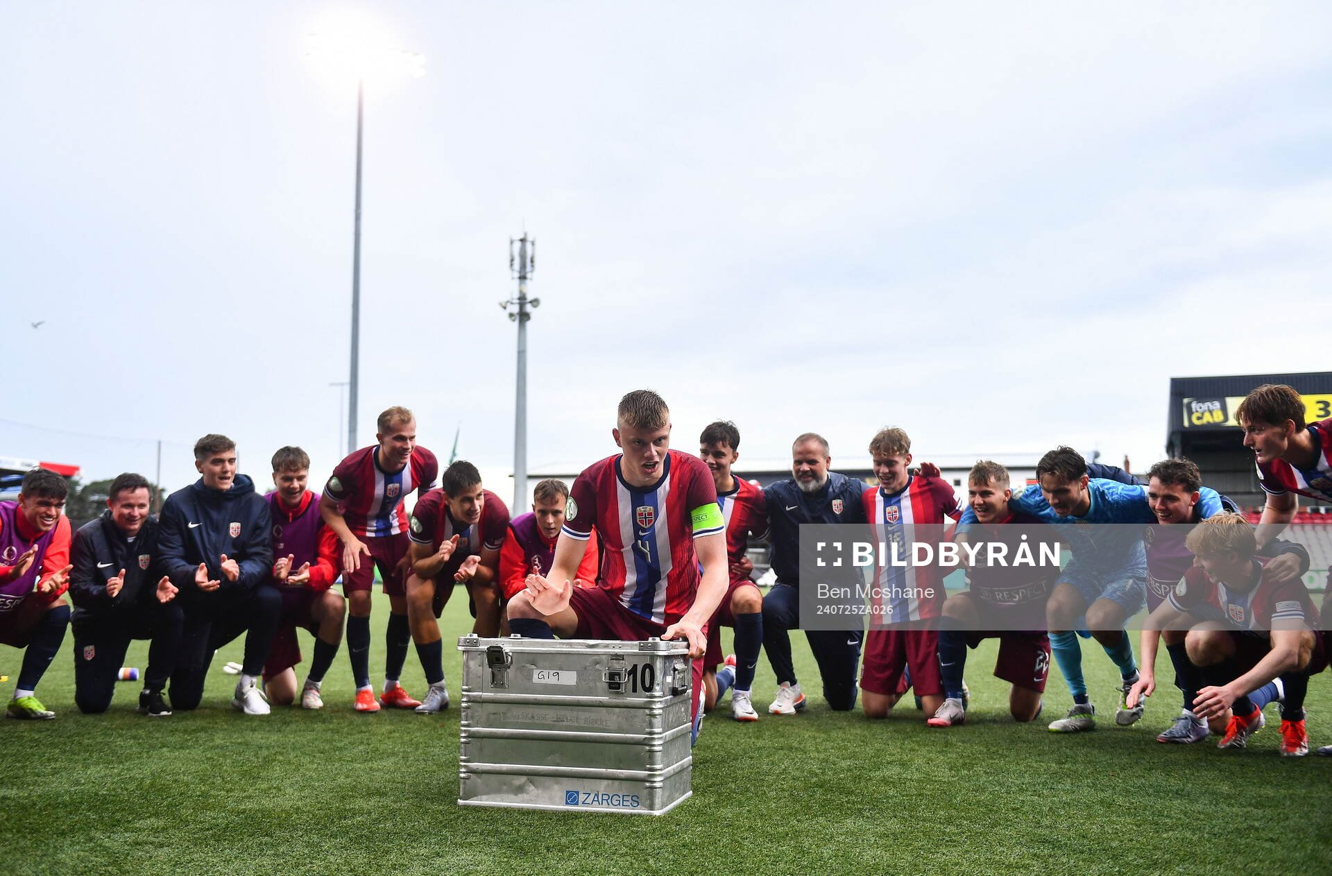 Simen Vatne Haram of Norway leads the celebrations after the FIFA Under-20 World Cup play-off football match between Norway and Turkey on July 25, 2024 in Belfast.