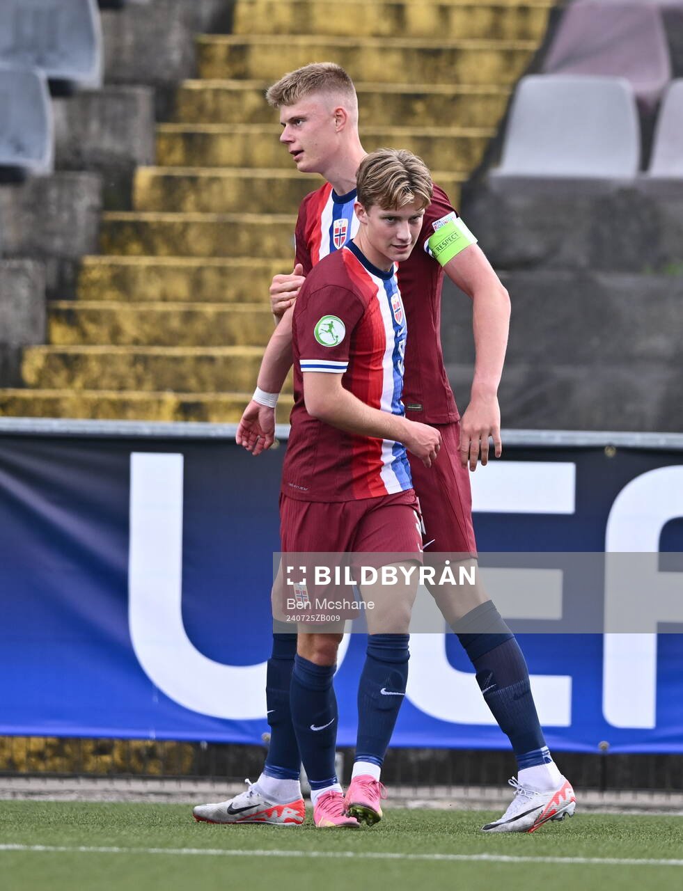 Simen Vatne Haram, right, celebrates with Norway teammate Benjamin Thoresen Faraas after scoring their first goal during the FIFA Under-20 World Cup play-off football match between Norway and Turkey on July 25, 2024 in Belfast. 