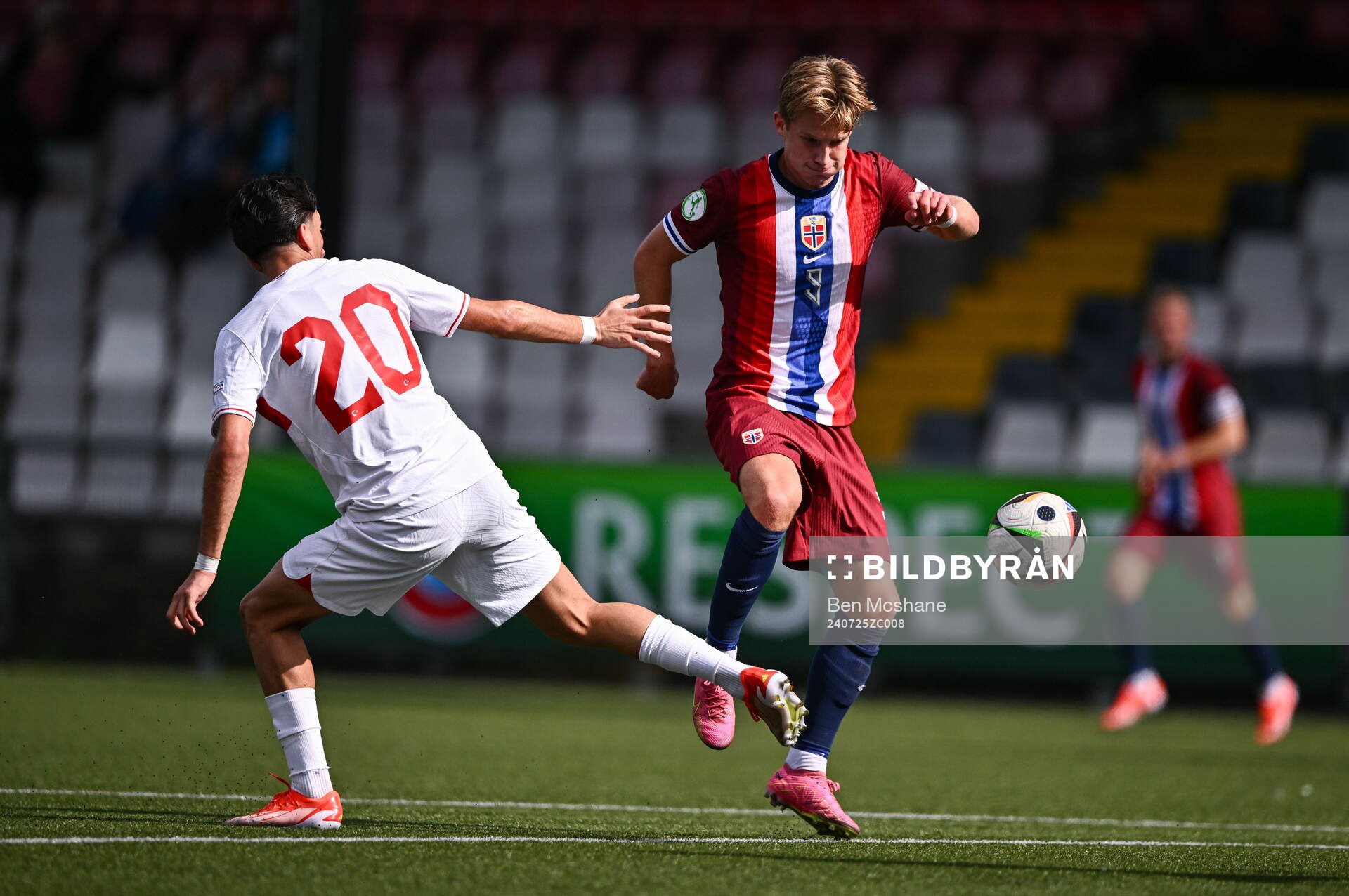 Benjamin Thoresen Faraas of Norway in action against Emre Uzun of Turkiye during the FIFA Under-20 World Cup play-off football match between Norway and Turkey on July 25, 2024 in Belfast.