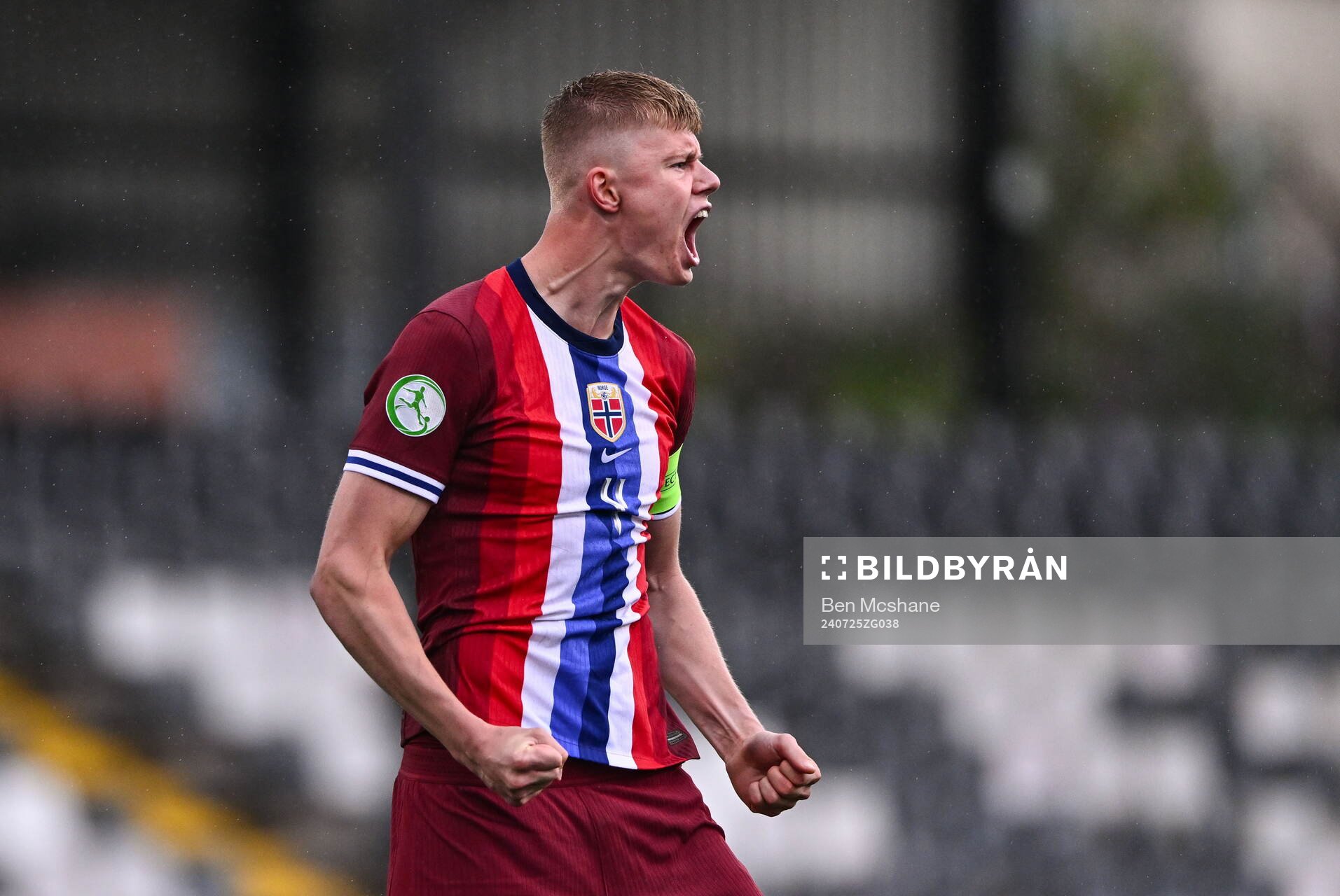 Simen Vatne Haram of Norway celebrates after scoring his penalty in the penalty shootout of the FIFA Under-20 World Cup play-off football match between Norway and Turkey on July 25, 2024 in Belfast.
