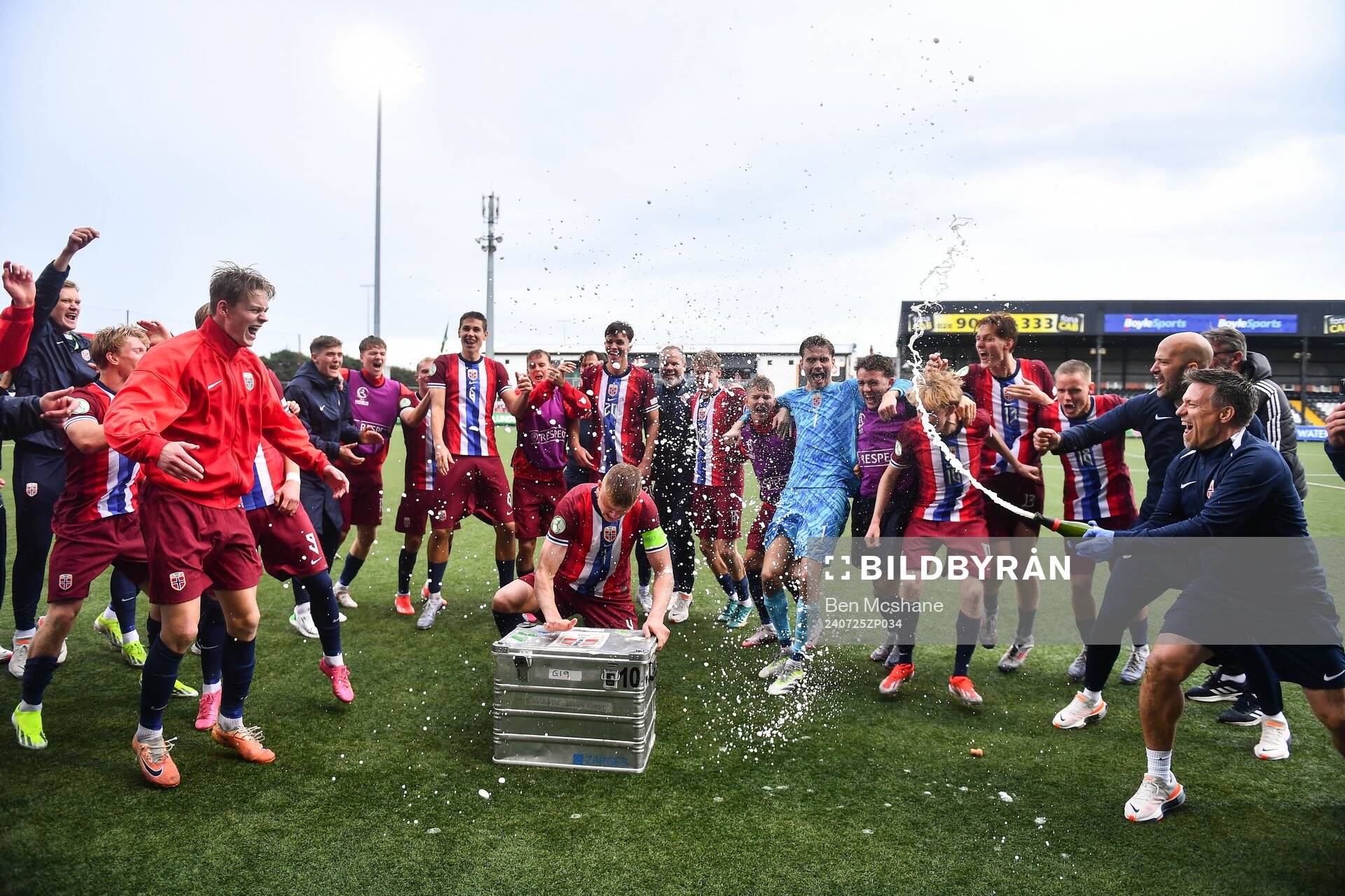 Simen Vatne Haram of Norway leads the celebrations after the FIFA Under-20 World Cup play-off football match between Norway and Turkey on July 25, 2024 in Belfast.