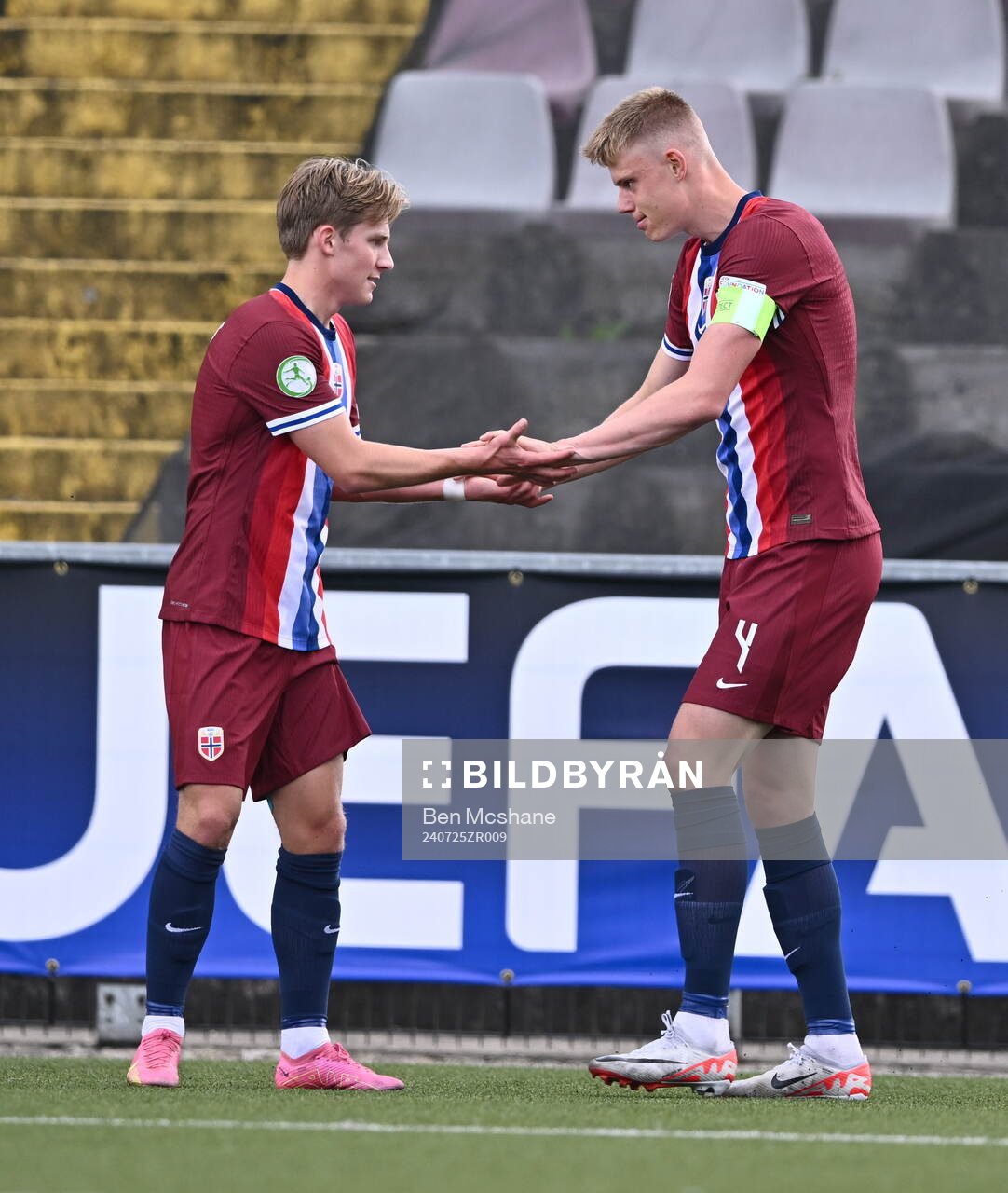 Simen Vatne Haram, right, celebrates with Norway teammate Benjamin Thoresen Faraas after scoring their first goal during the FIFA Under-20 World Cup play-off football match between Norway and Turkey on July 25, 2024 in Belfast.