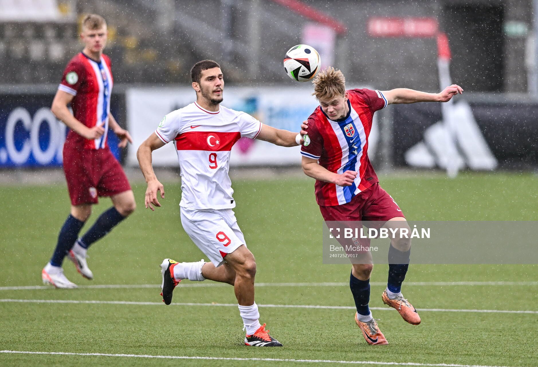 Rasmus Holten of Norway in action against Poyraz Yildirim of Turkiye during the FIFA Under-20 World Cup play-off football match between Norway and Turkey on July 25, 2024 in Belfast.