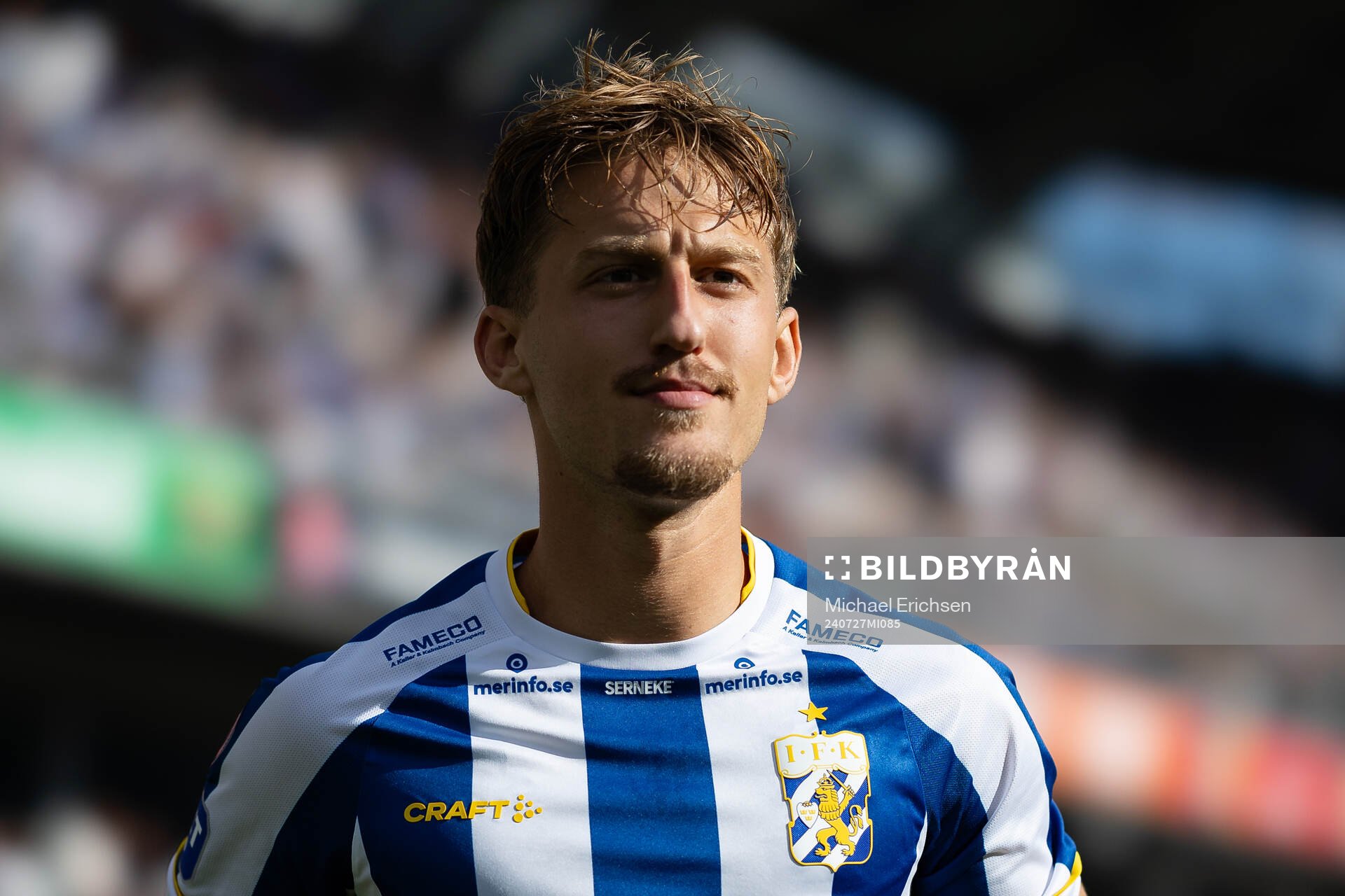 IFK Göteborgs Arbnor Mucolli innan fotbollsmatchen i Allsvenskan mellan IFK Göteborg och Brommapojkarna den 27 juli 2024 i Göteborg.