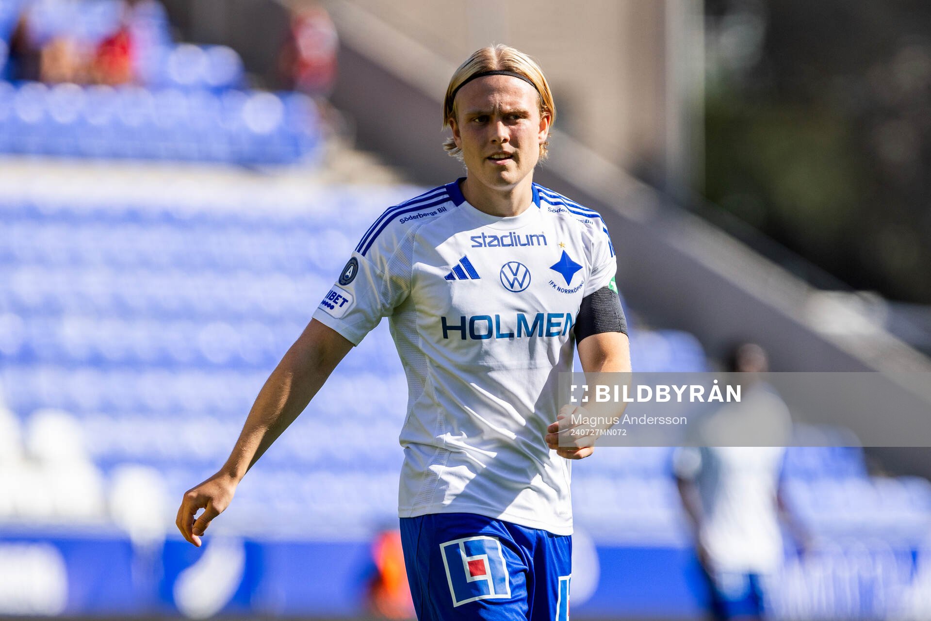 IFK Norrköpings Isak Andri Sigurgeirsson under fotbollsmatchen i Allsvenskan mellan IFK Norrköping och Kalmar den 27 juli 2024 i Norrköping.