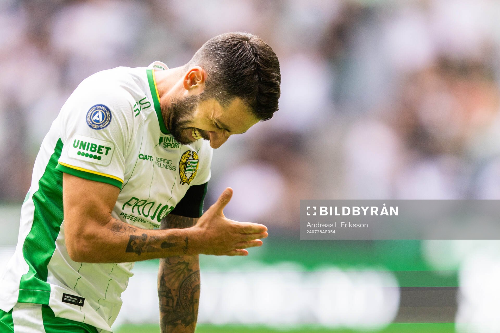 Hammarbys Nahir Besara jublar under fotbollsmatchen i Allsvenskan mellan Hammarby och Mjällby den 28 juli 2024 i Stockholm. 