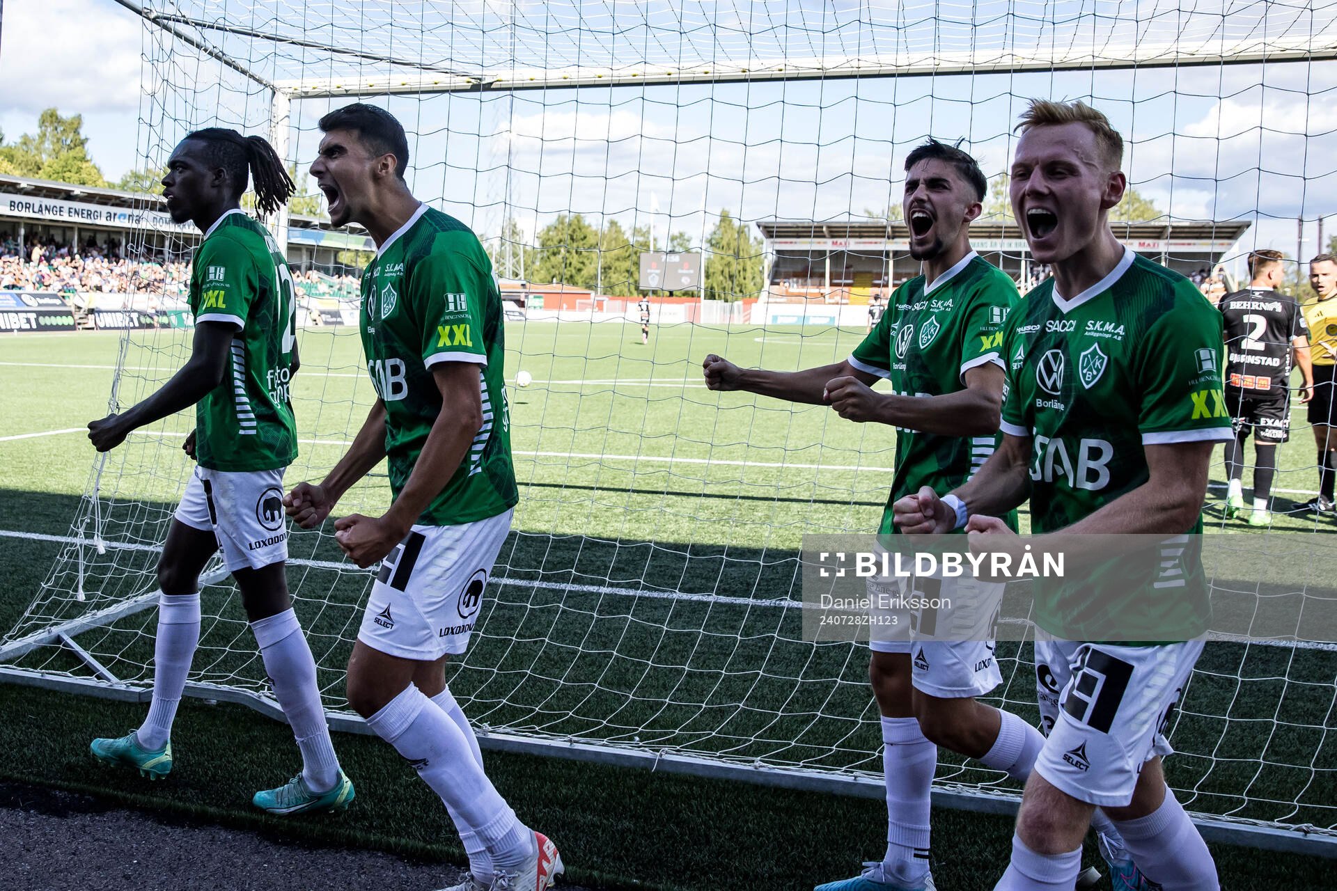 Brages Ieltsin Jeronimo Semedo Camoes jublar efter 1-0, Amar Muhsin, Emil Tot Wikström och Christopher Redenstrand under fotbollsmatchen i Superettan mellan Brage och Örebro den 28 juli 2024 i Borlänge.