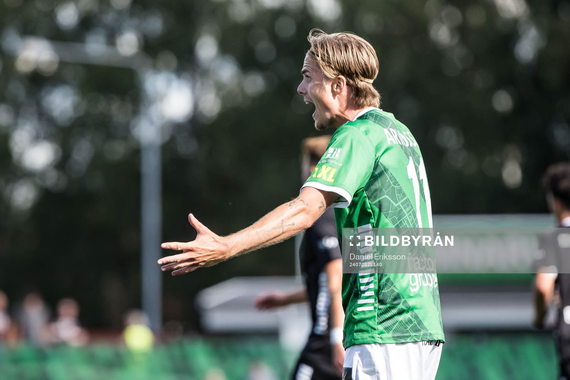 Brages Johan Arvidsson under fotbollsmatchen i Superettan mellan Brage och Örebro den 28 juli 2024 i Borlänge. 