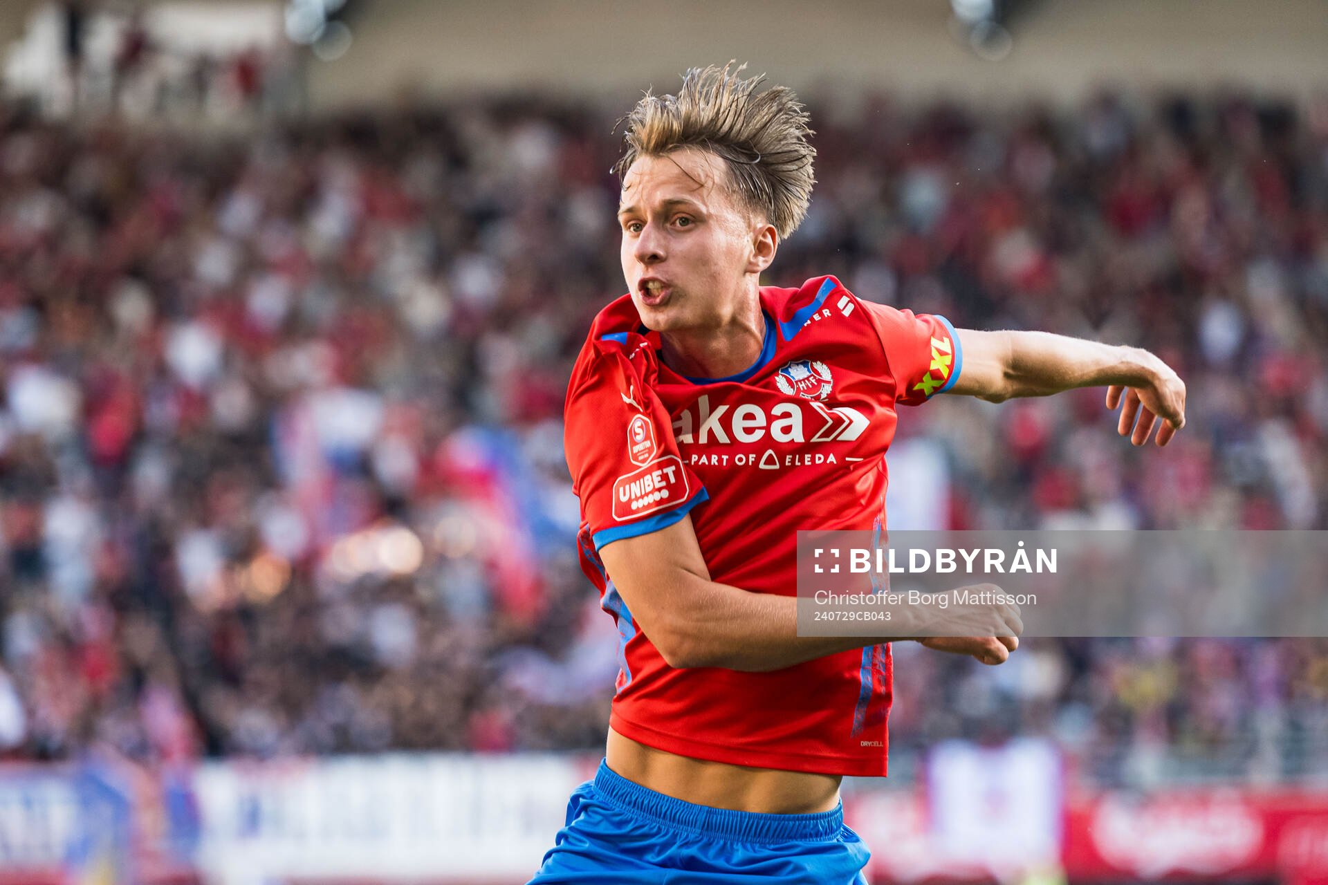 Helsingborgs Lukas Kjellnäs jublar efter 3-0 under fotbollsmatchen i Superettan mellan Helsingborg och Öster den 29 juli 2024 i Helsingborg.