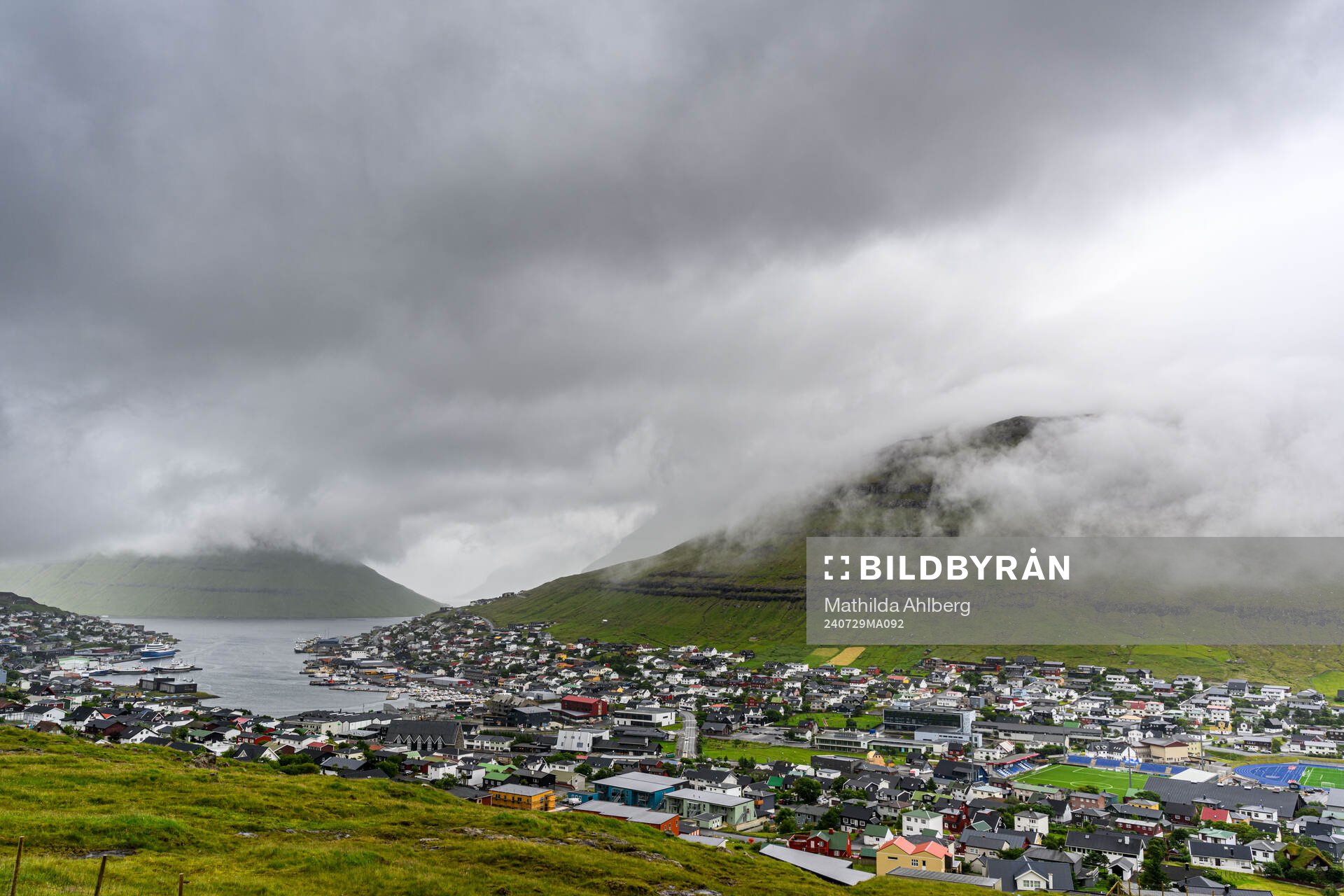 General view of the town of Klaksvik and Djupumyra Stadium on July 29, 2024 in Klaksvik. 