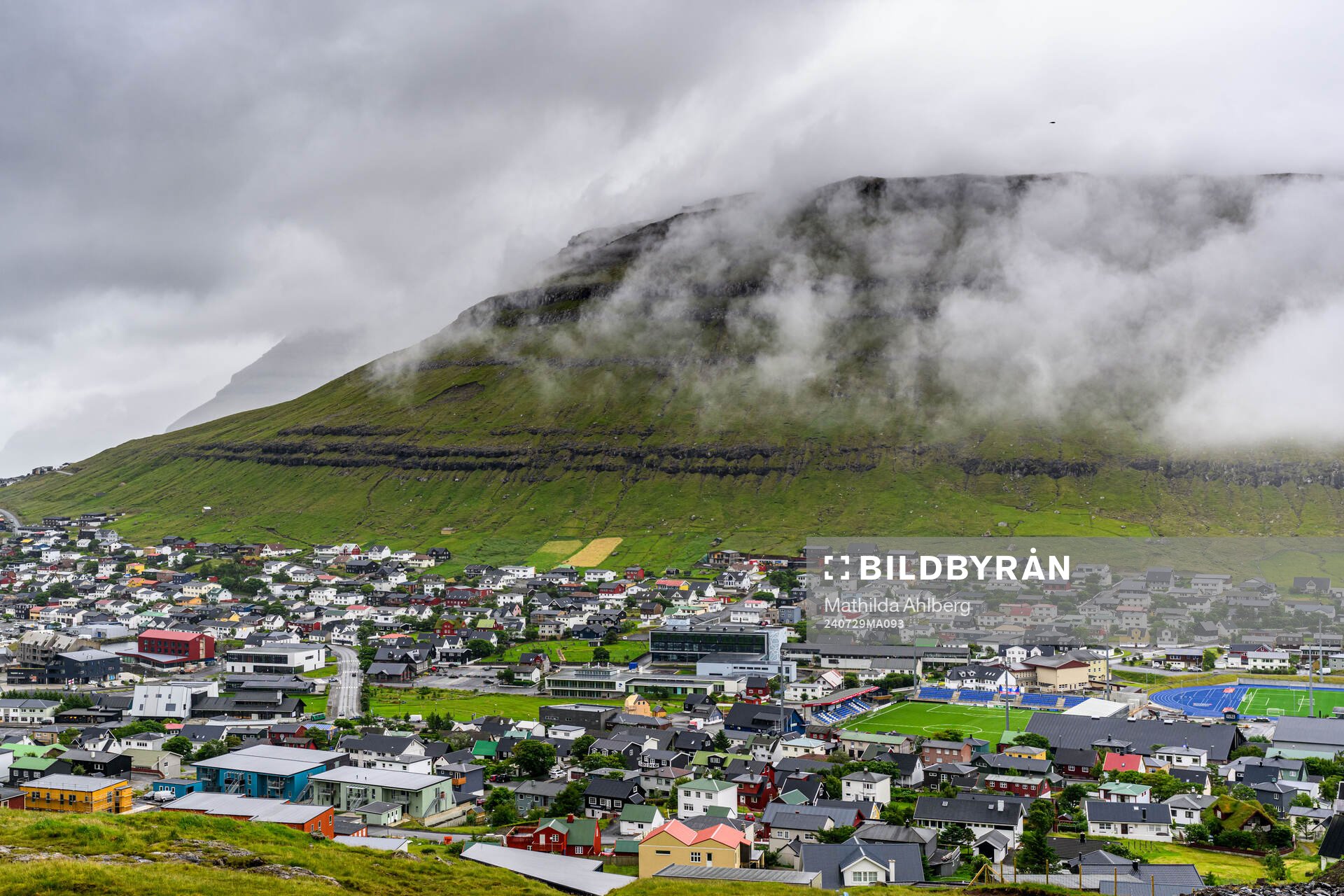 General view of the town of Klaksvik and Djupumyra Stadium on July 29, 2024 in Klaksvik. 