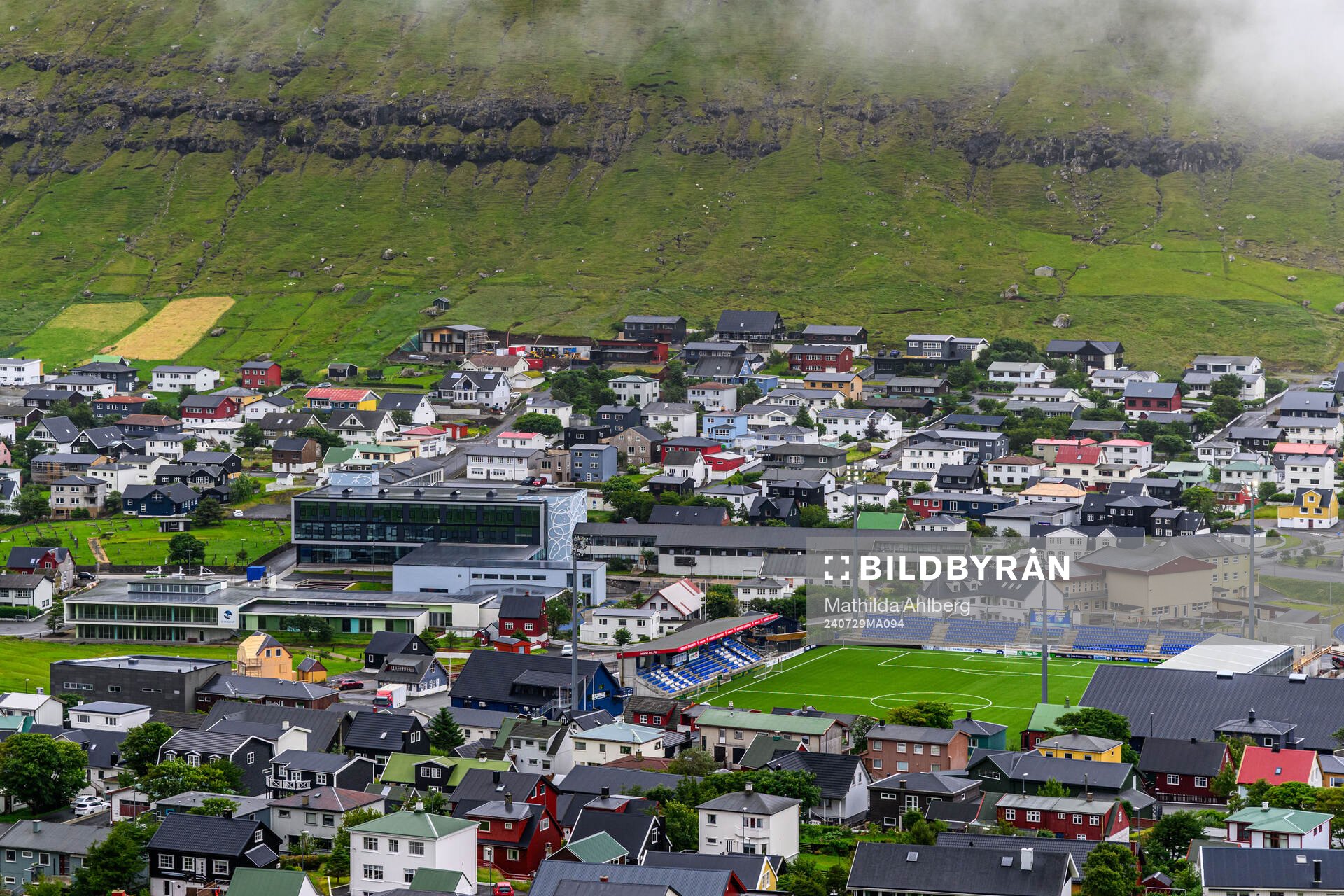 General view of the town of Klaksvik and Djupumyra Stadium