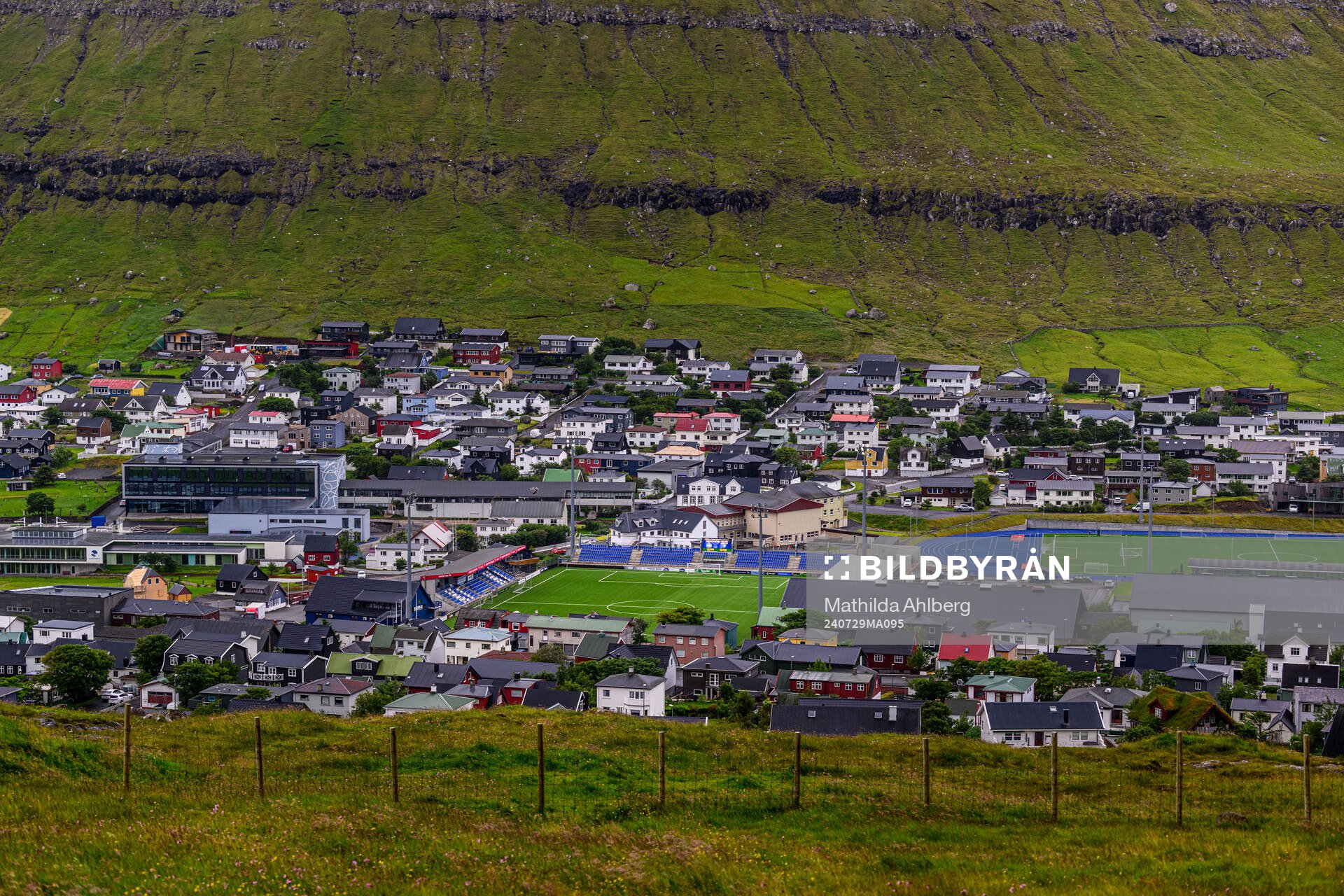 General view of the town of Klaksvik and Djupumyra Stadium