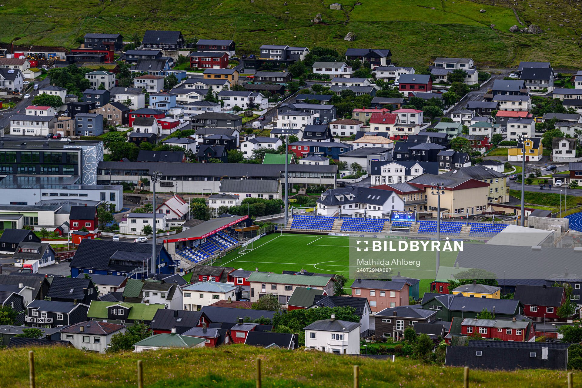 General view of the town of Klaksvik and Djupumyra Stadium on July 29, 2024 in Klaksvik. 