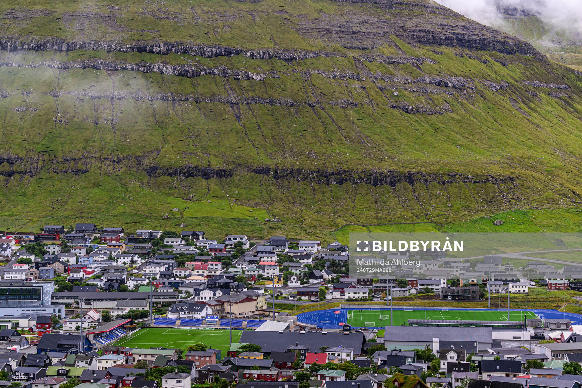 General view of the town of Klaksvik and Djupumyra Stadium on July 29, 2024 in Klaksvik. 