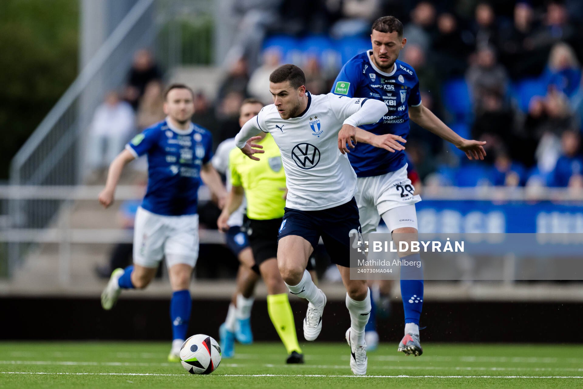 Gabriel Dal Toe Busanello of Malmö FF and Albert Ejupi of Klaksvik during the UEFA Champions League football match between Klaksvik and Malmö FF on July 30, 2024 in Klaksvík. 