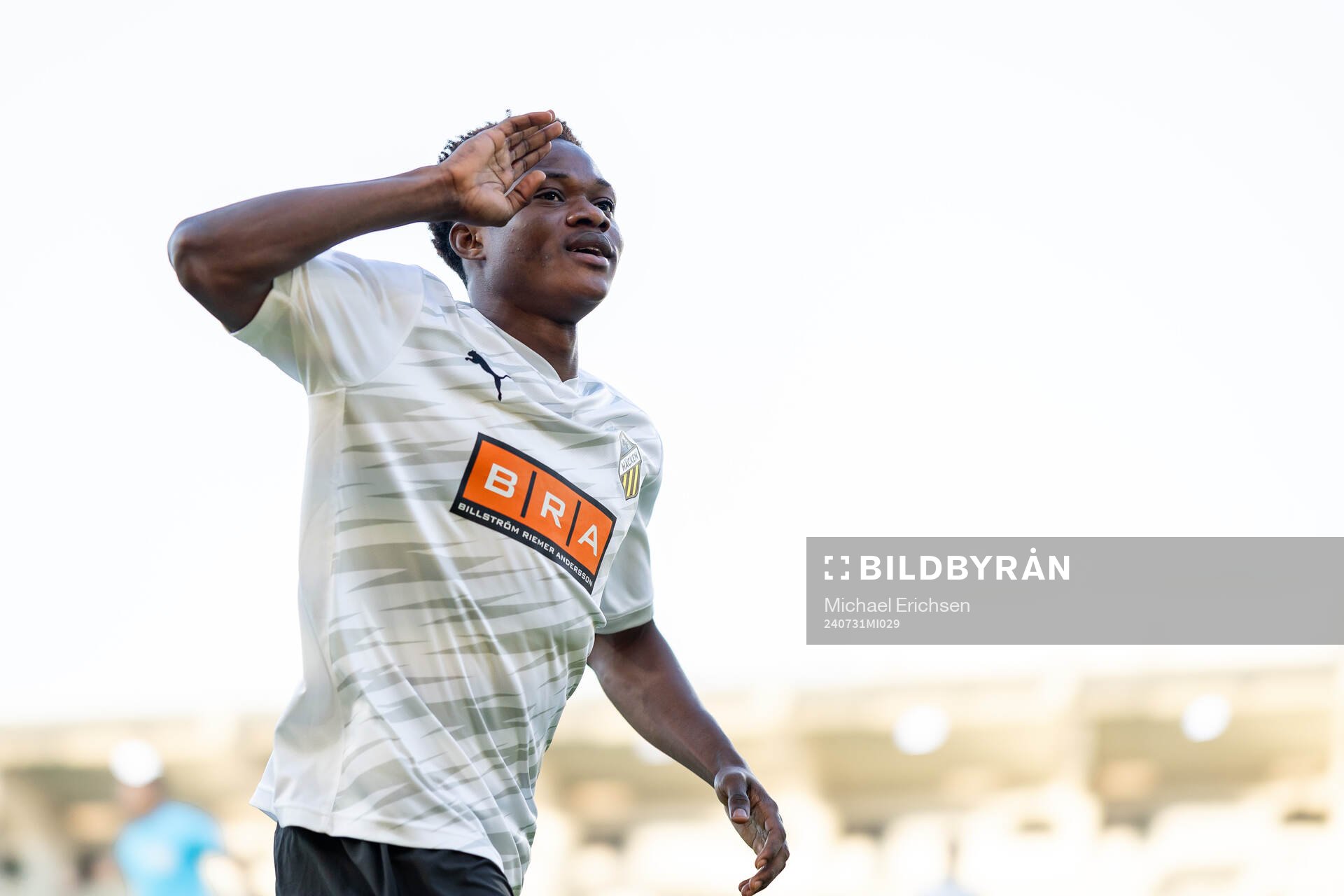 Severin Nioule of Häcken celebrates the 5-1 goal during the UEFA Conference League second qualifying round football match between Häcken and Diddeleng on July 31, 2024 in Göteborg.