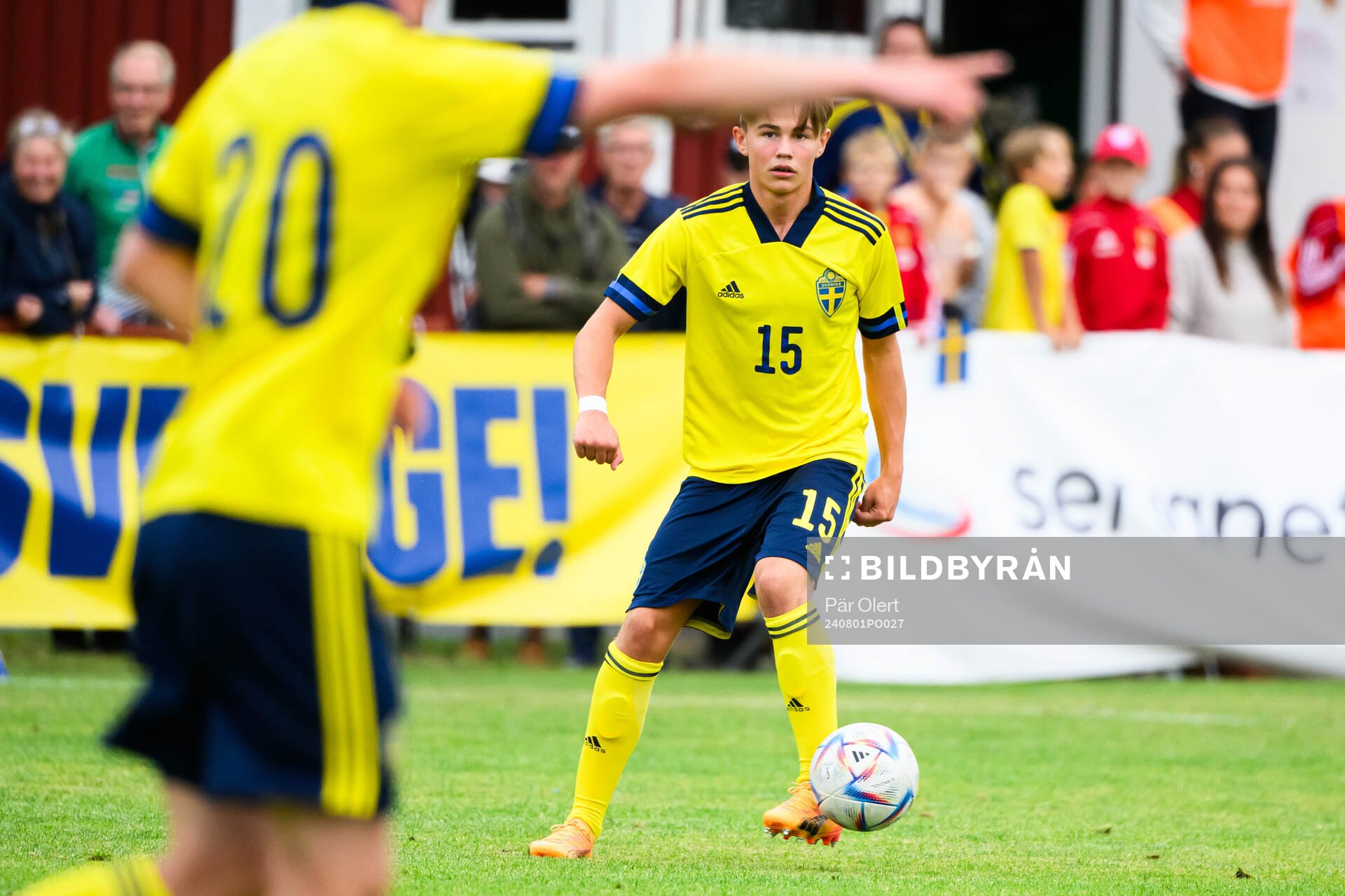Sveriges Melwin Hedman under fotbollsmatchen i en nordisk pojkturnering mellan Norge och Sverige den 1 augusti 2024 i Alnö. 