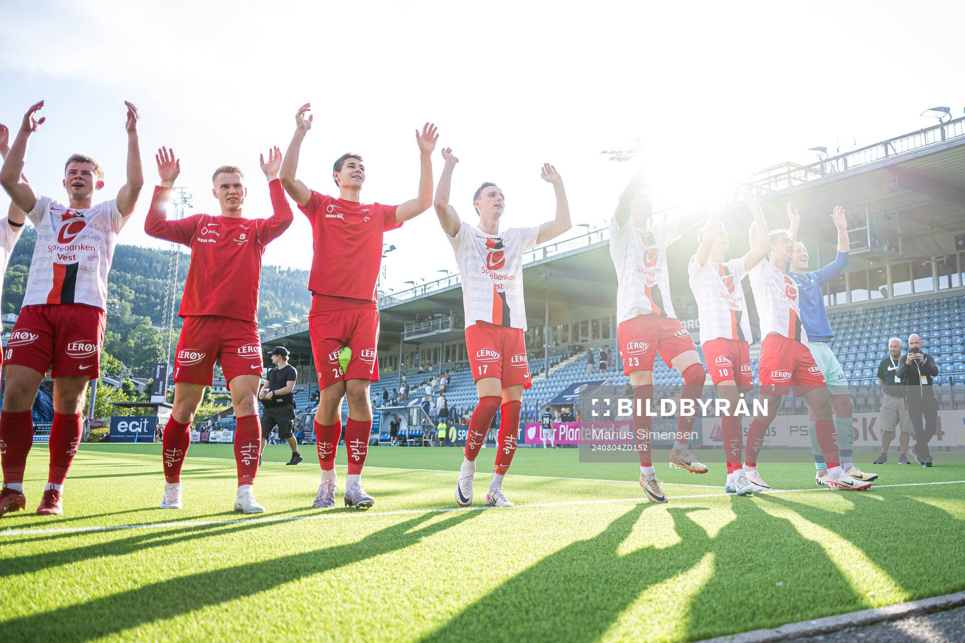 Players of Brann celebrates after the Eliteserien match between Strømsgodset and Brann on August 4, 2024 in Drammen. 