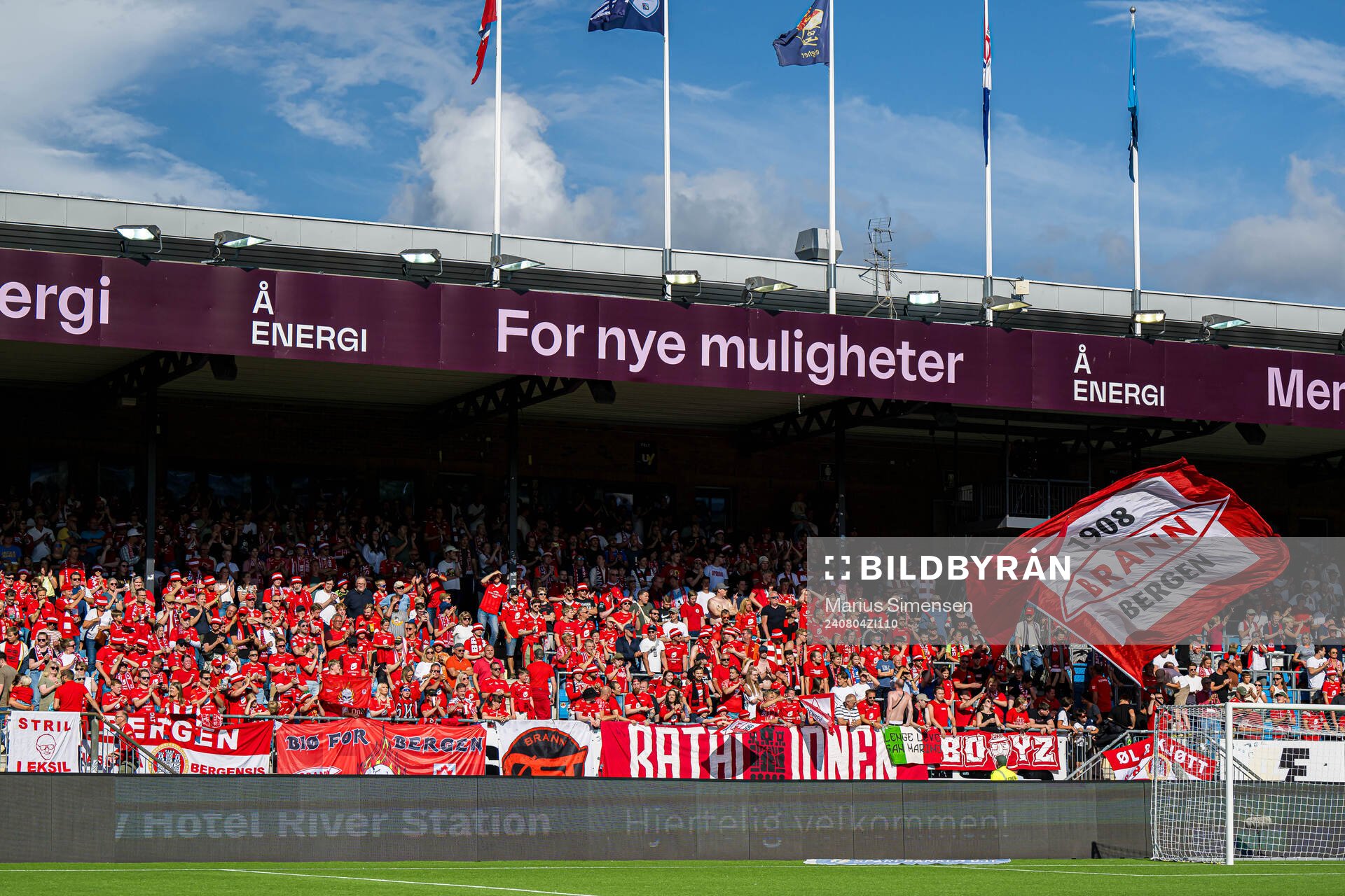 Spectators in the stands ahead of the Eliteserien match between Strømsgodset and Brann on August 4, 2024 in Drammen. 