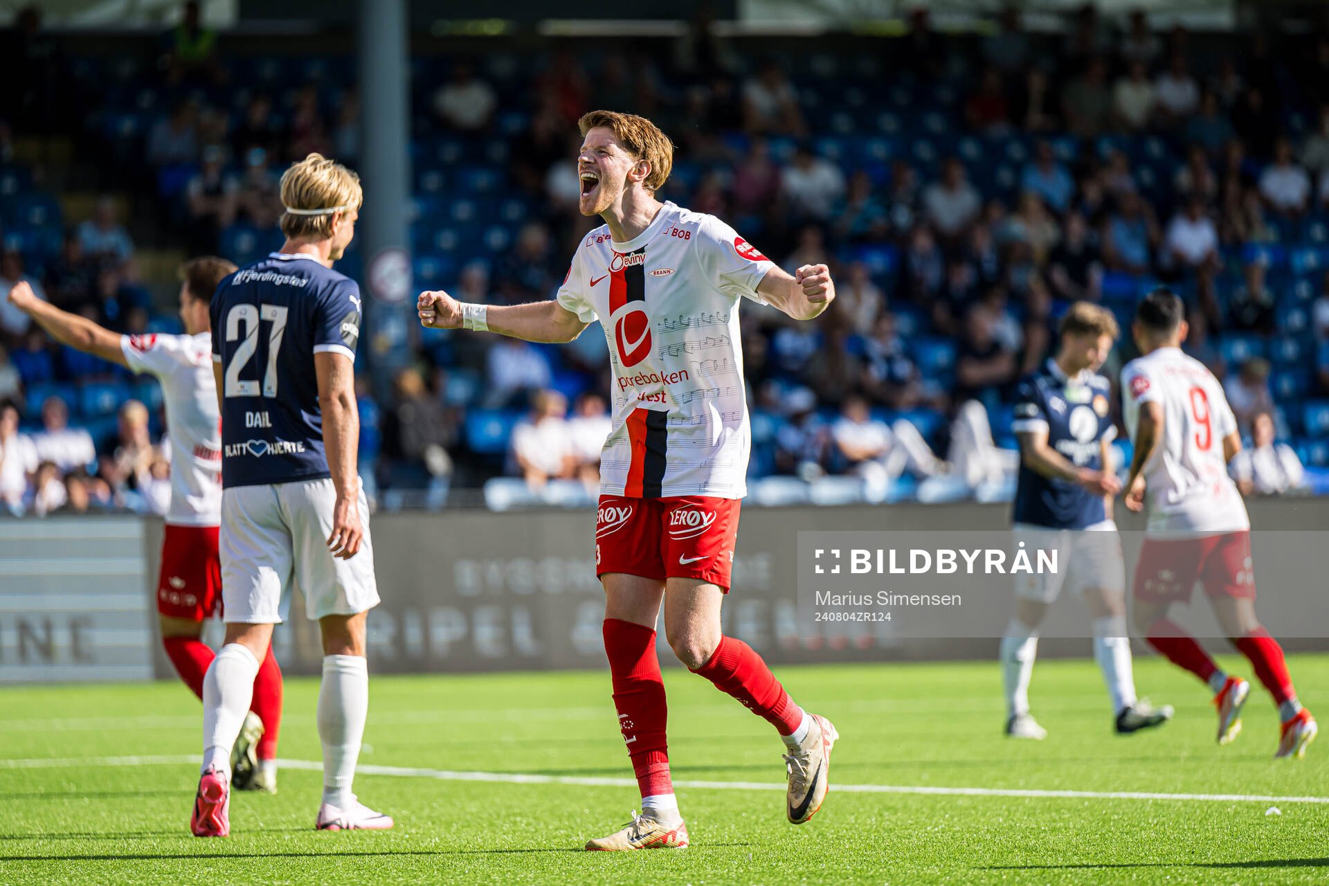 Thore Pedersen of Brann celebrates after 0-1 during the Eliteserien match between Strømsgodset and Brann on August 4, 2024 in Drammen.