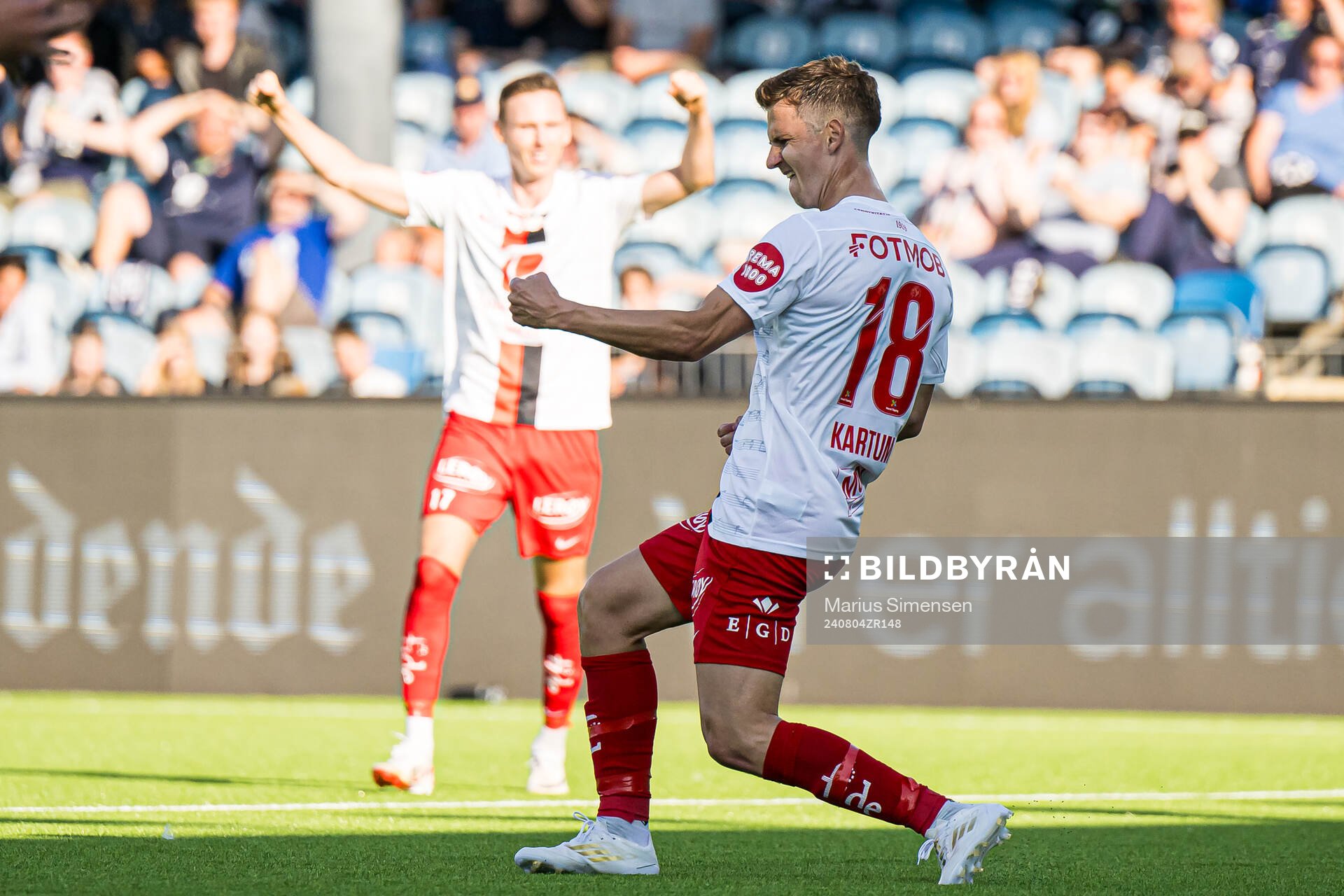Sander Kartum of Brann celebrates after scoring the 1-3 goal during the Eliteserien match between Strømsgodset and Brann on August 4, 2024 in Drammen.