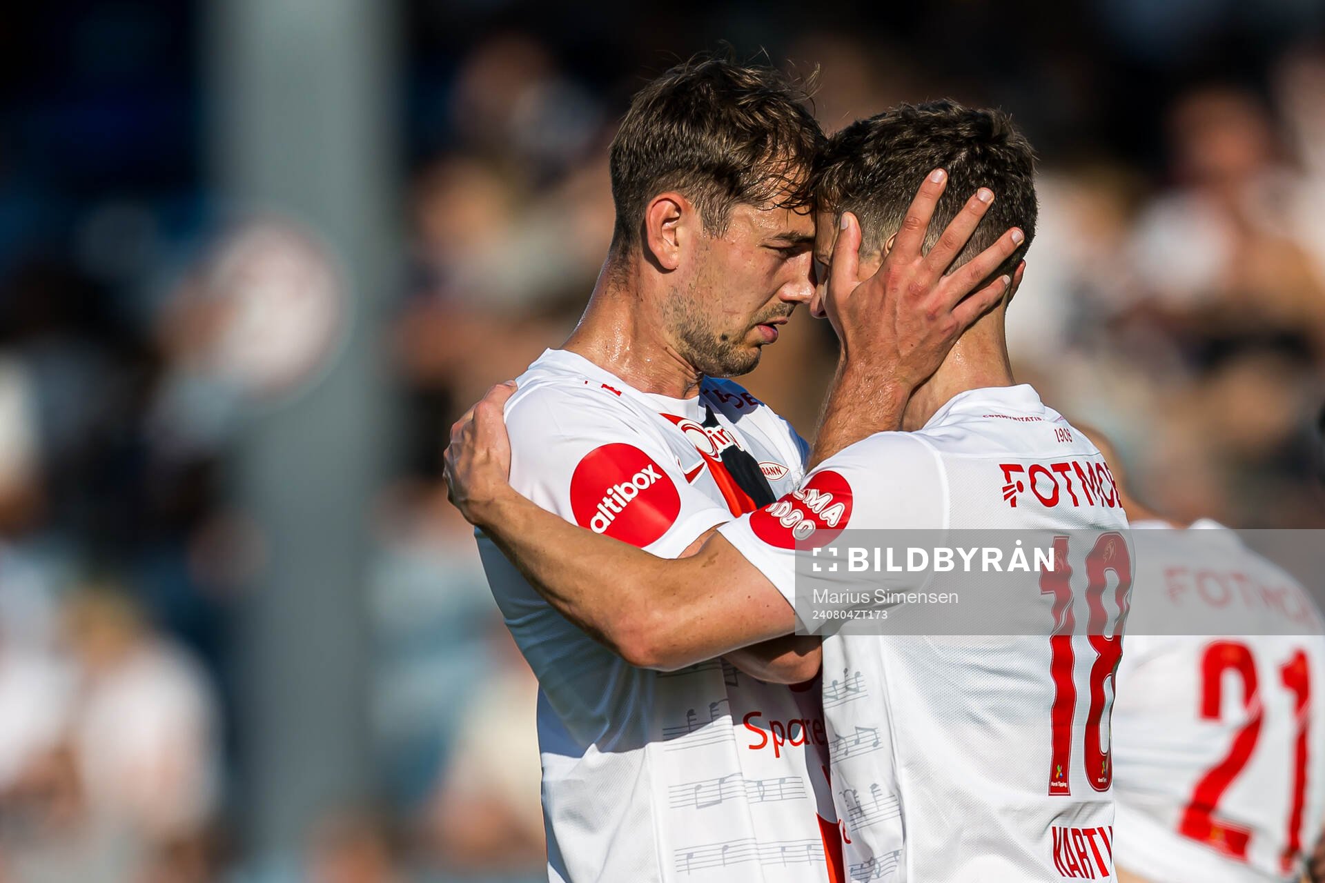 Sander Kartum of Brann celebrates after scoring the 1-3 goal during the Eliteserien match between Strømsgodset and Brann on August 4, 2024 in Drammen.