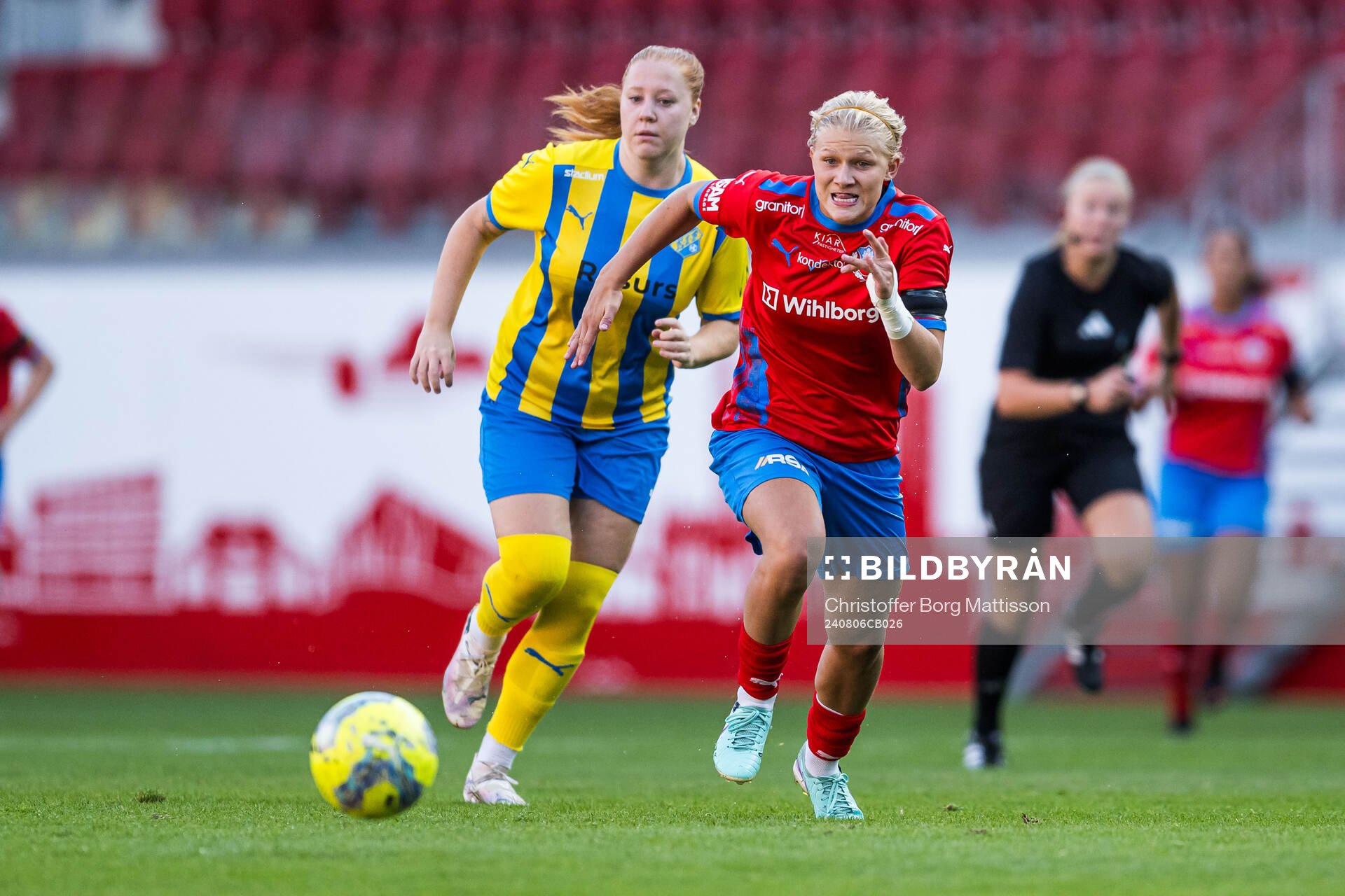 Helsingborgs Alma Larsson under fotbollsmatchen i Division 1 södra mellan Helsingborg och Eskilsminne den 6 augusti 2024 i Helsingborg.