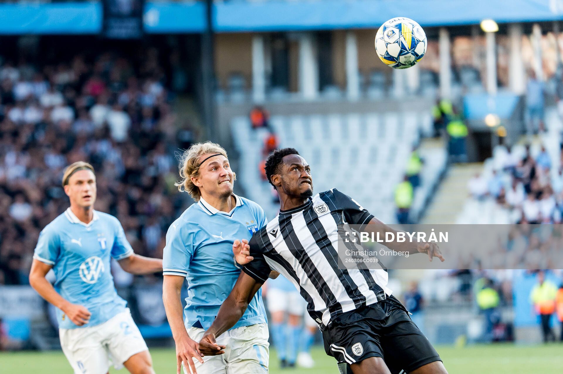 Sebastian Nanasi of Malmö FF and Abdul Rahman Baba of PAOK during the UEFA Champions League football match between Malmö FF and PAOK on August 6, 2024 in Malmö.