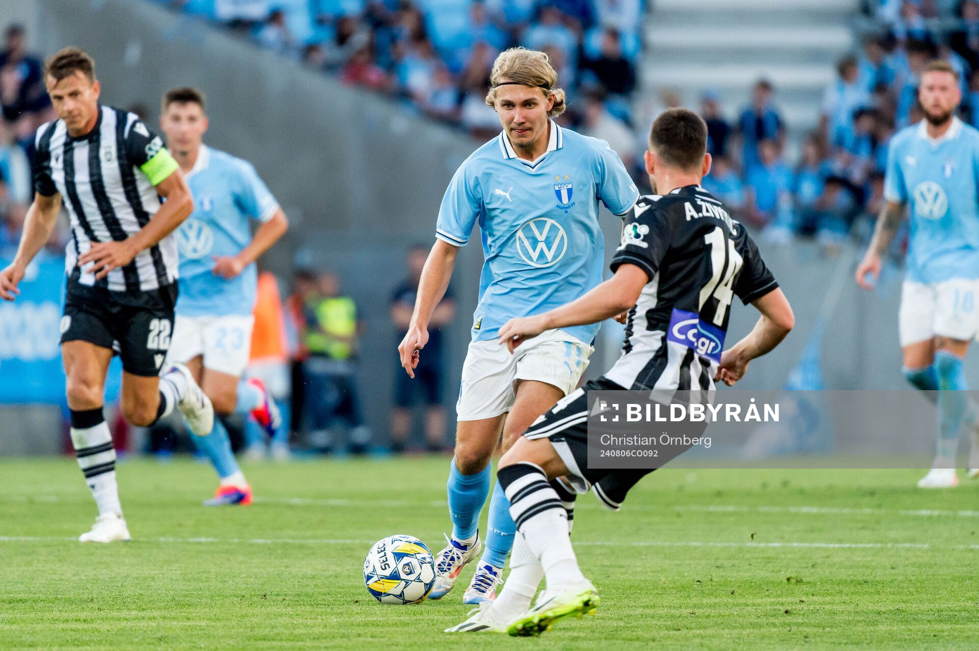 Sebastian Nanasi of Malmö FF and Andrija Zivkovic of PAOK during the UEFA Champions League football match between Malmö FF and PAOK on August 6, 2024 in Malmö.