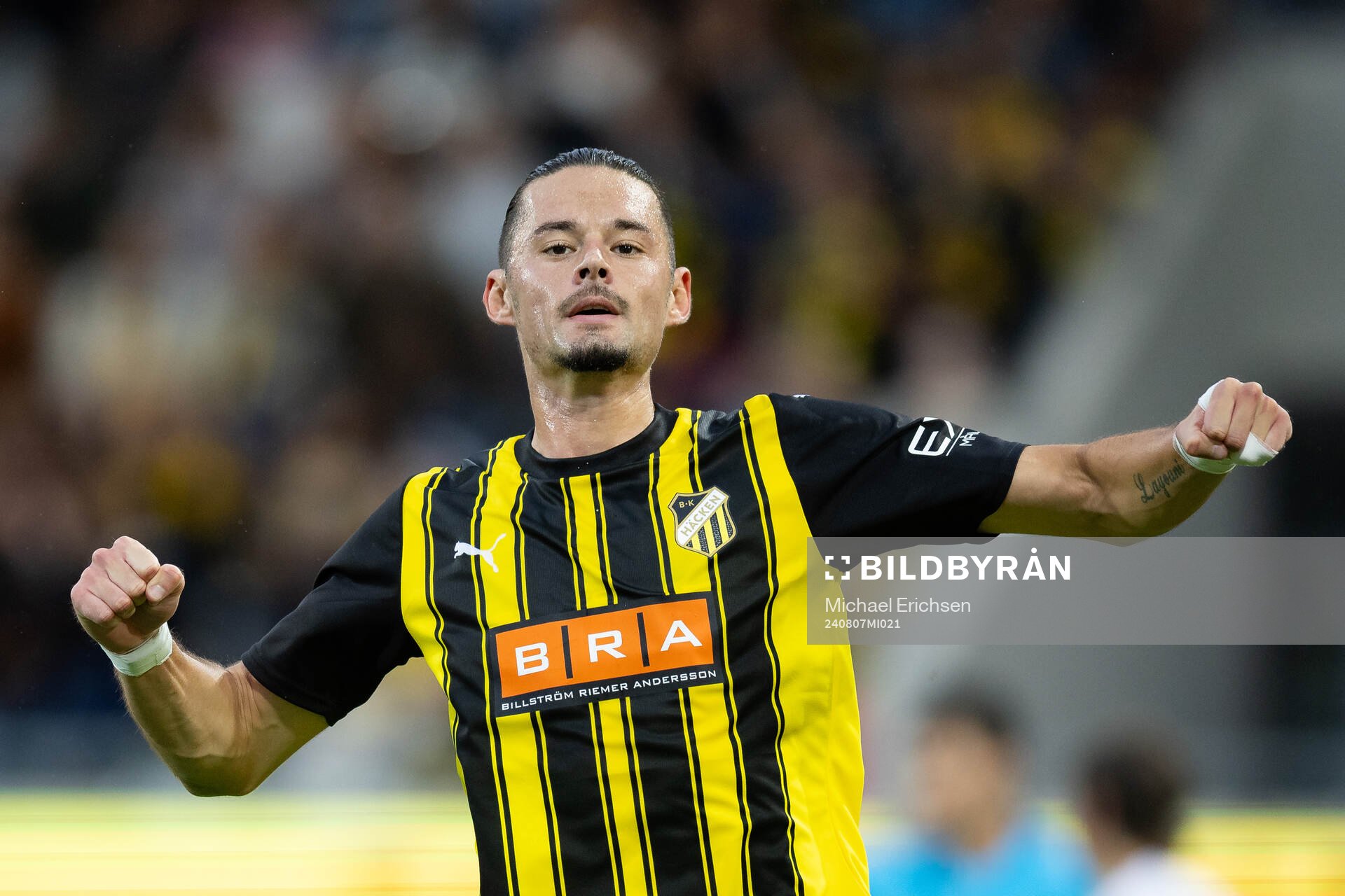 Amor Layouni of Häcken celebrates after scoring 3-1 during the UEFA Conference League between Häcken and Paide Linnameeskond on August 7, 2024 in Göteborg.