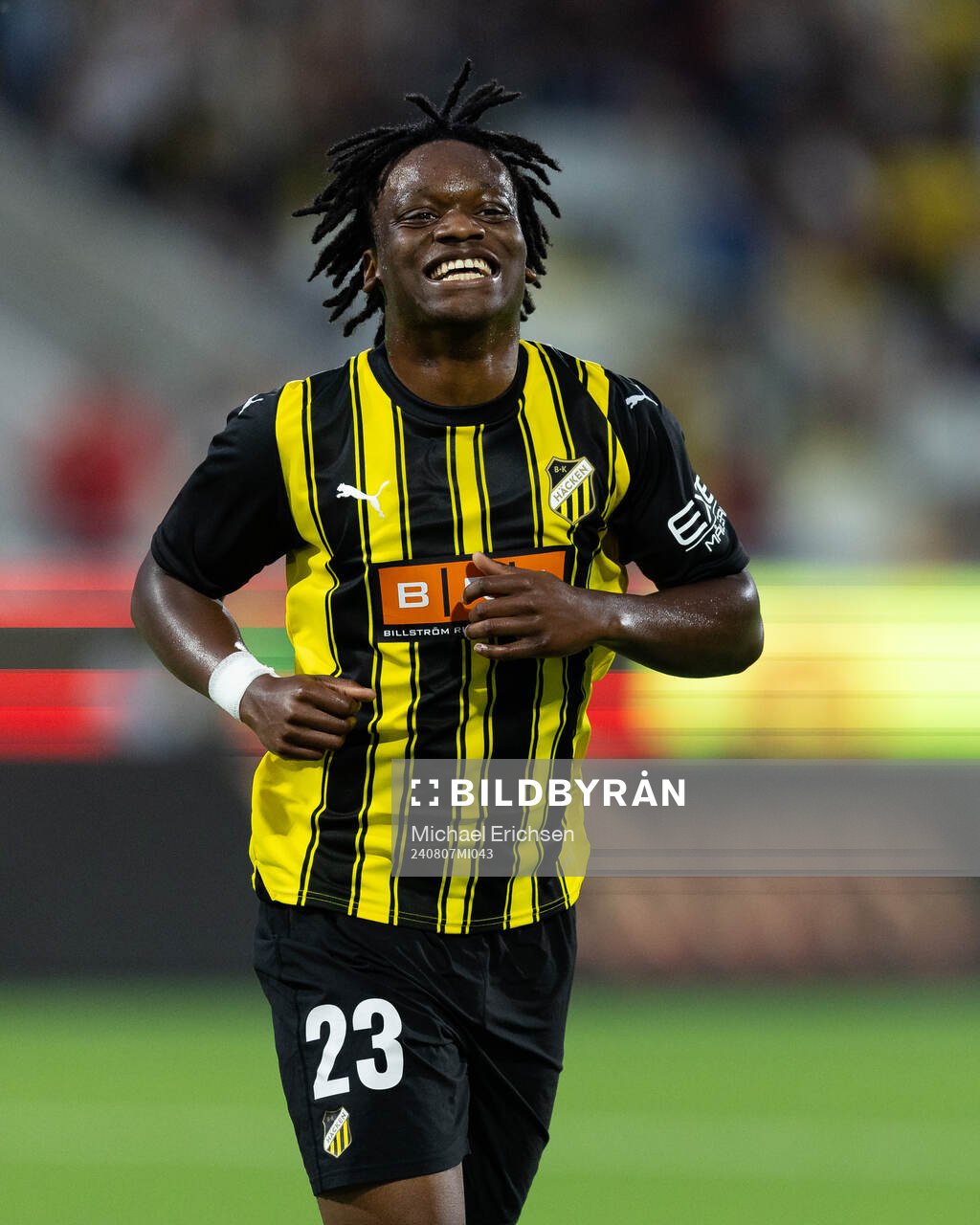 Jeremy Agbonifo of Häcken celebrates after scoring 5-1 during the UEFA Conference League qualification match between Häcken and Paide Linnameeskond on August 7, 2024 in Göteborg.