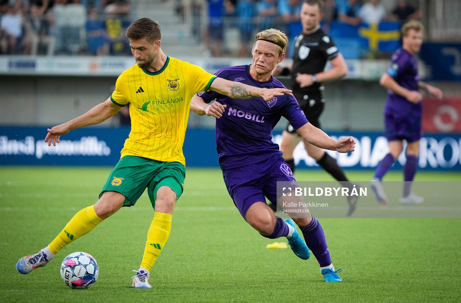 Anton Popovitch Ilves and Tobias Gulliksen of Djurgården during the UEFA Conference League qualifier football match between Ilves and Djurgården on August 8, 2024 in Tampere. 