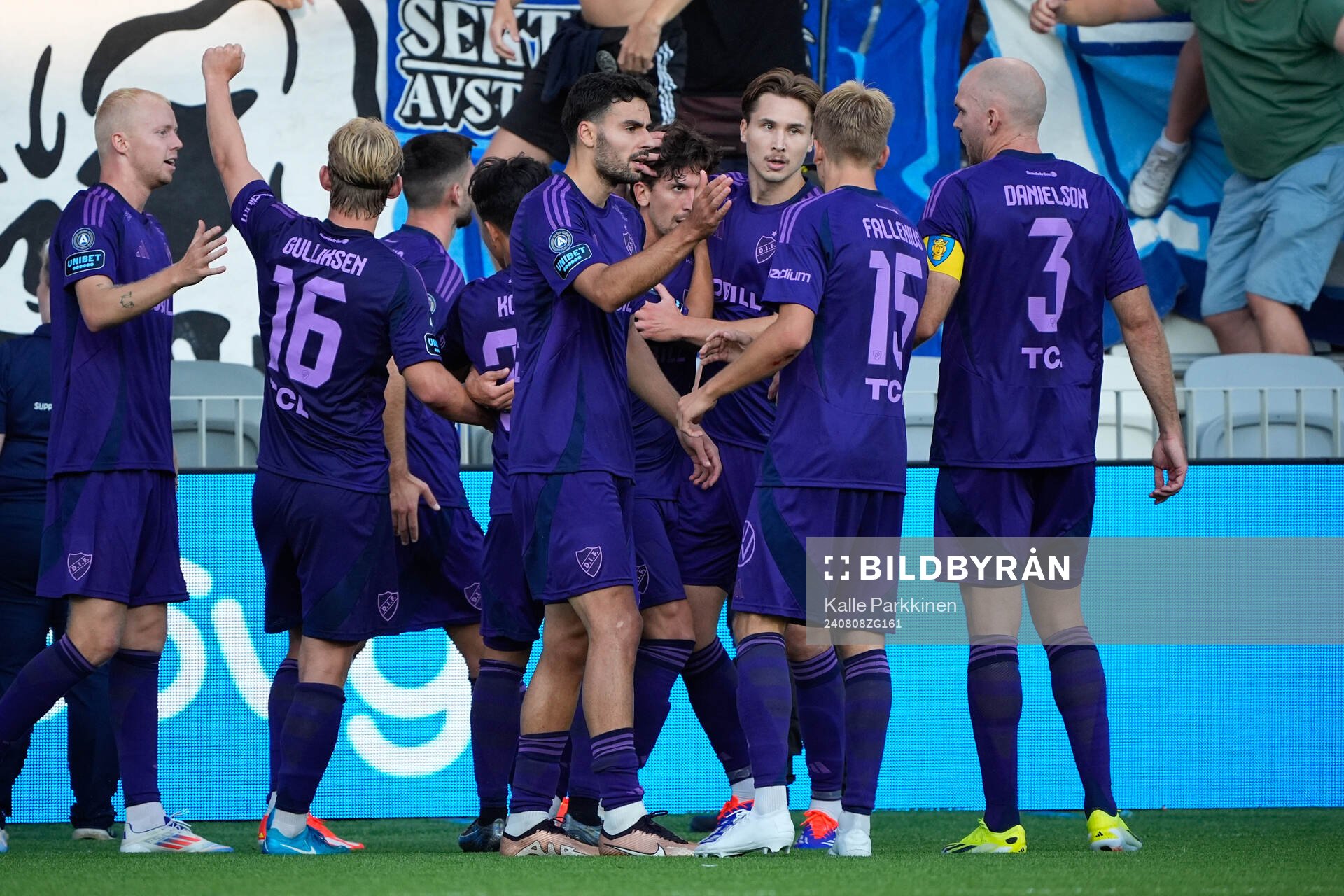 Players of Djurgården celebrate during the UEFA Conference League qualifier football match between Ilves and Djurgården on August 8, 2024 in Tampere.