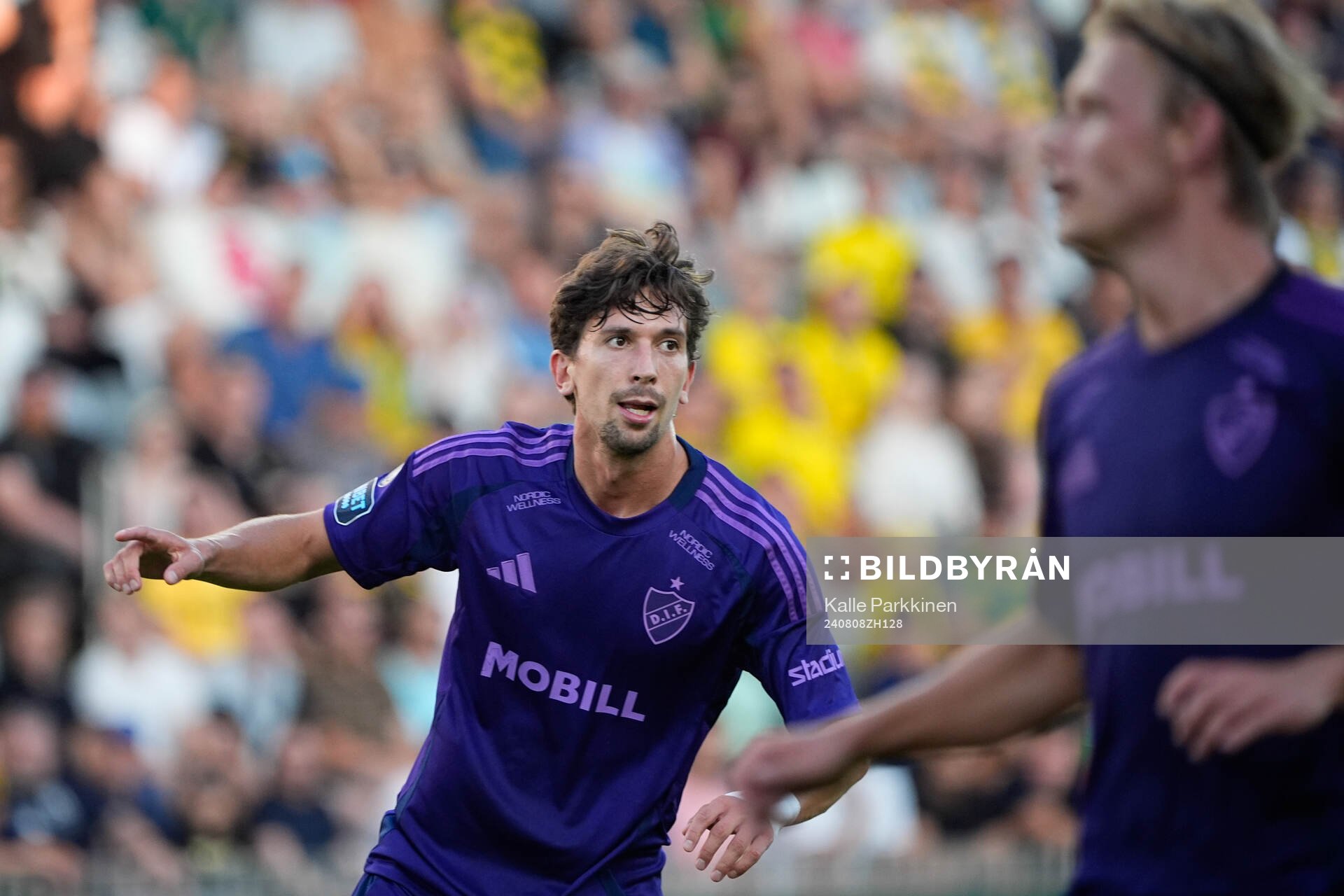 Gustav Wikheim of Djurgården celebrates during the UEFA Conference League qualifier football match between Ilves and Djurgården on August 8, 2024 in Tampere.