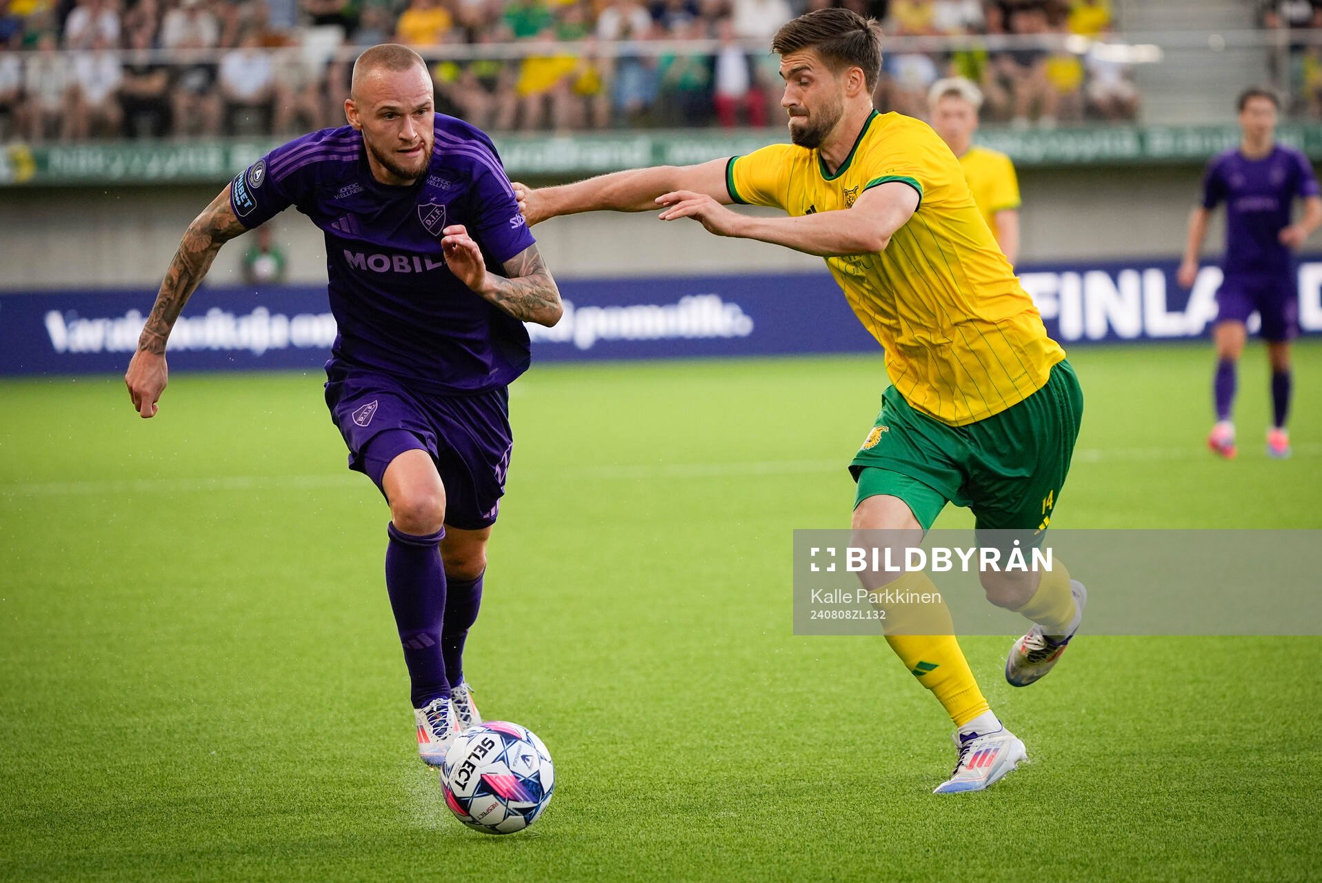 Adam Ståhl of Djurgården and Anton Popovitch of Ilves during the UEFA Conference League qualifier football match between Ilves and Djurgården on August 8, 2024 in Tampere.