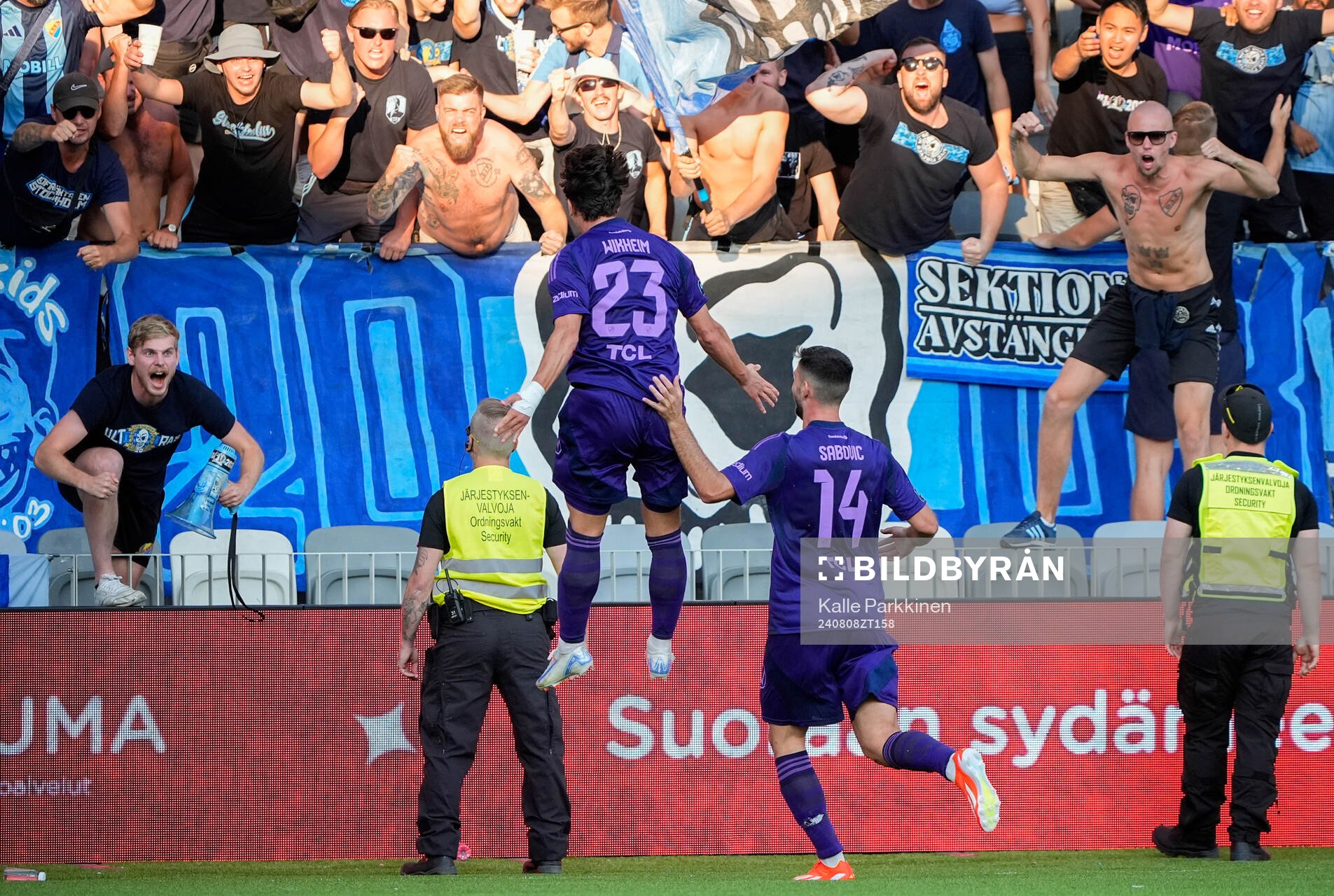 Gustav Wikheim of Djurgården celebrates during the UEFA Conference League qualifier football match between Ilves and Djurgården on August 8, 2024 in Tampere.
