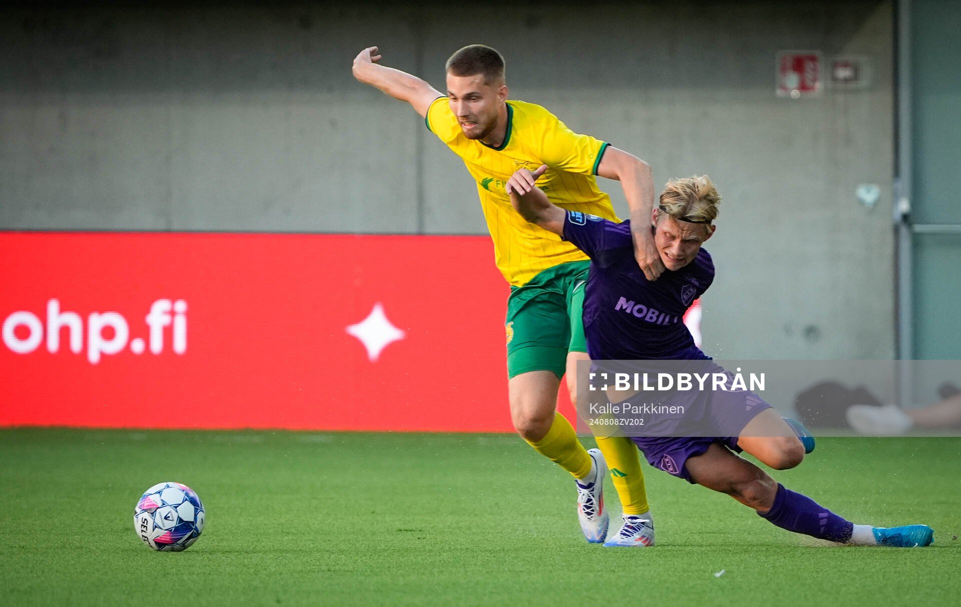 Joona Veteli and Tobias Gulliksen od Djurgården during the UEFA Conference League qualifier football match between Ilves and Djurgården on August 8, 2024 in Tampere. 