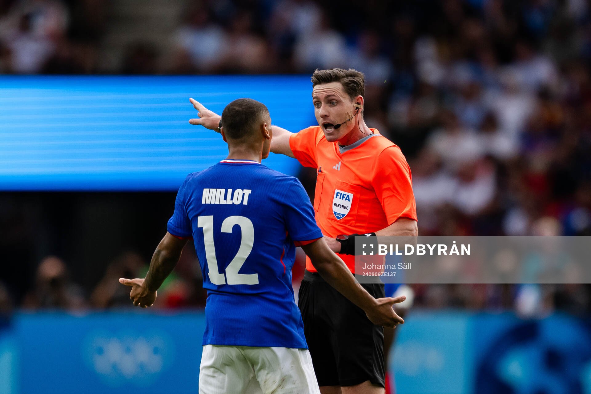 Enzo Millot of France reacts in the men’s football final