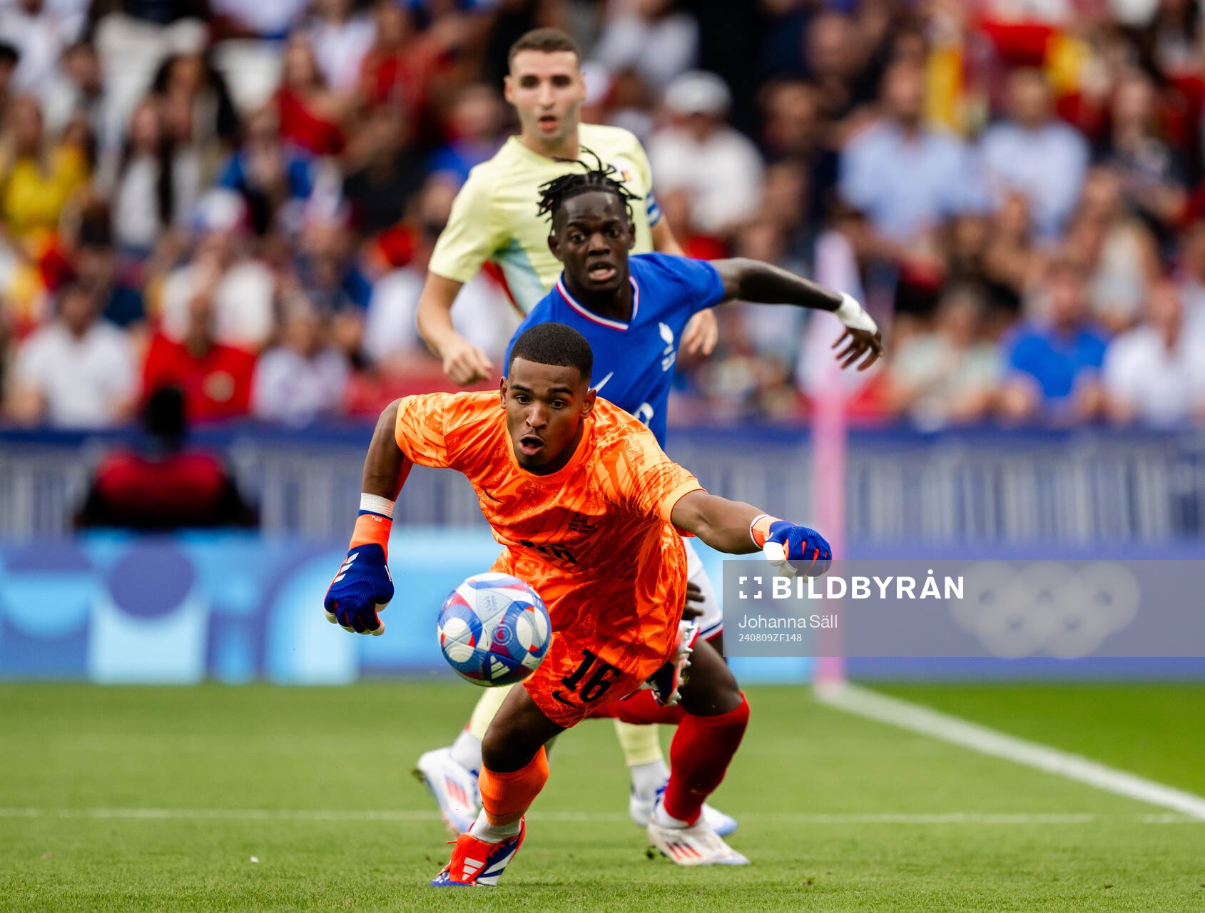 Fermin Lopez of Spain, not pictured, scores the 12- goal behind goalkeeper Guillaume Restes of France in the men’s football final between France and Spain during day 14 of the Paris 2024 Olympic Games on August 9, 2024 in Paris.