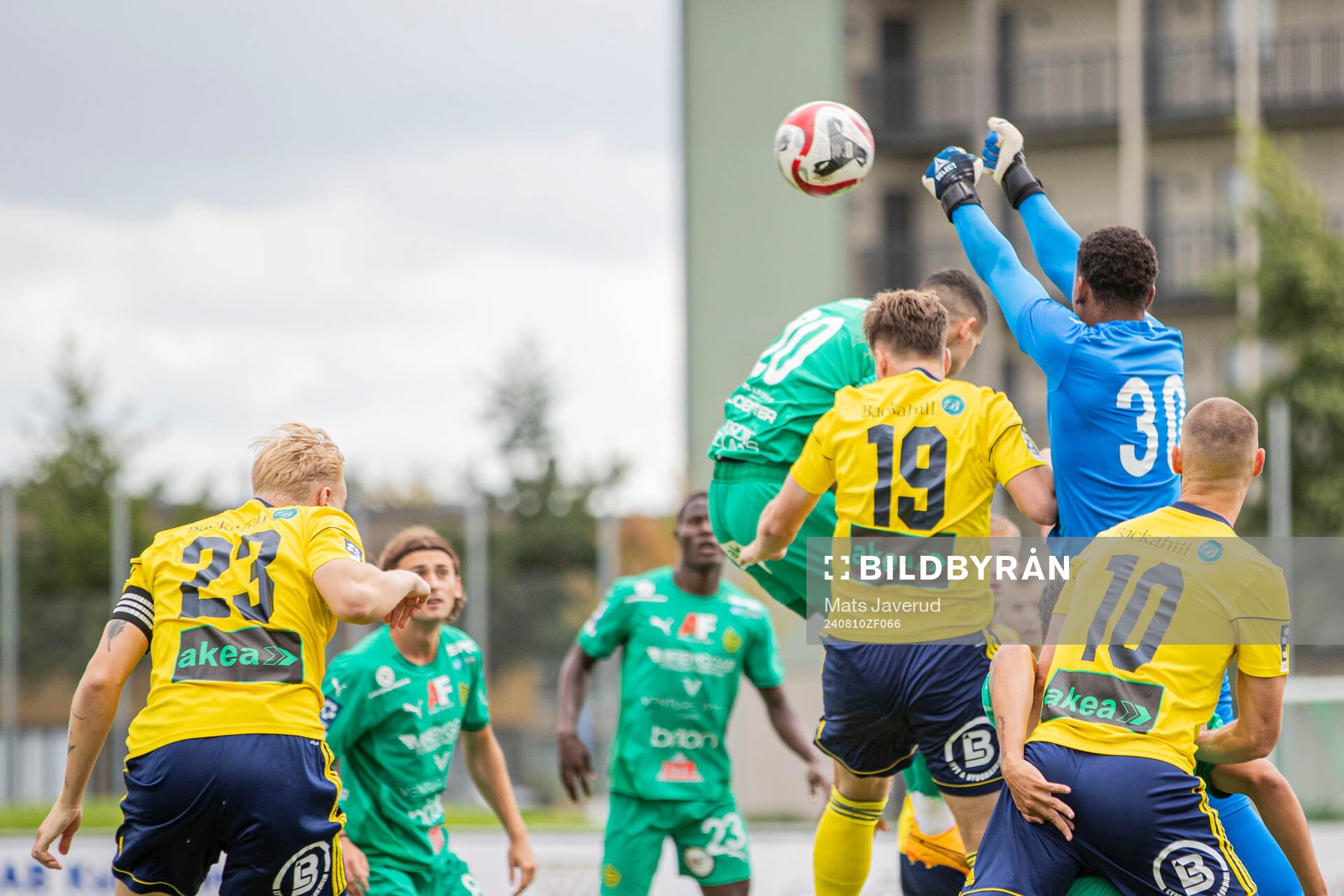 BK Olympics målvakt Tyree Griffiths under fotbollsmatchen i Division 1 Södra mellan Ängelholm och BK Olympic den 10 augusti 2024 i Ängelholm.