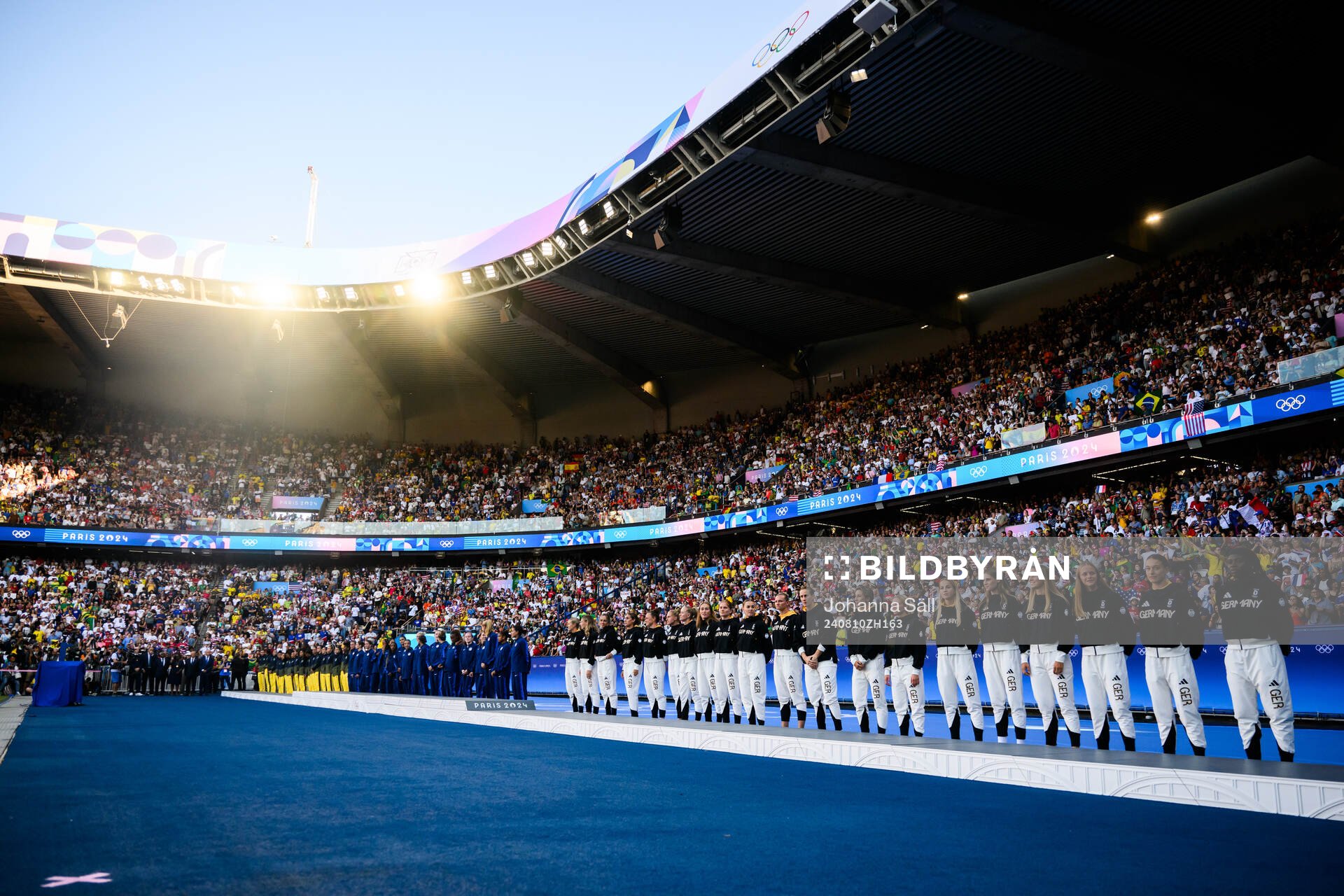 Players of Germany, USA and Brazil on the podium during the medal ceremony after the women’s football final between Brazil and USA during day 15 of the Paris 2024 Olympic Games on August 10, 2024 in Paris.