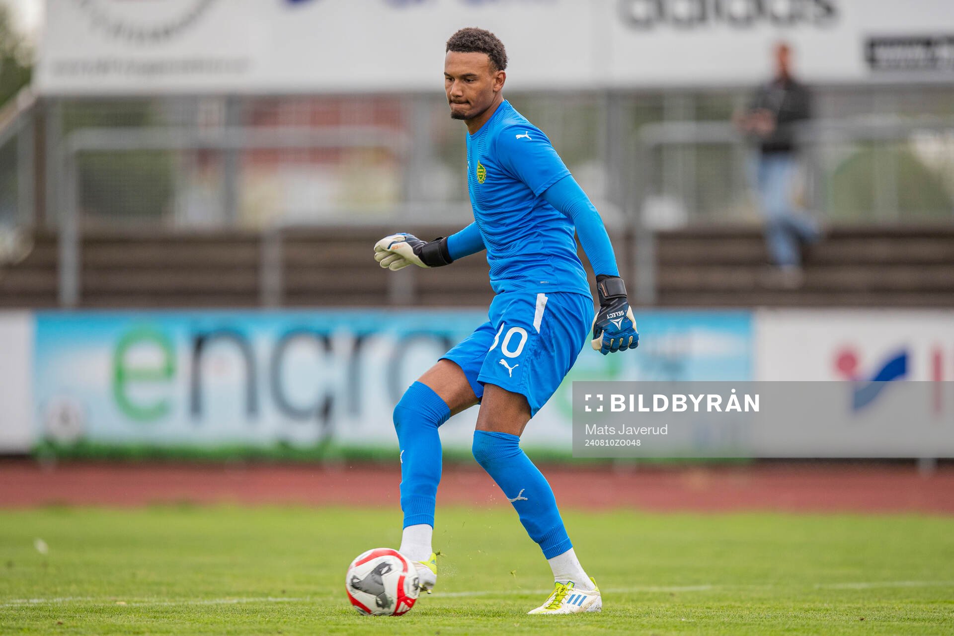 BK Olympics målvakt Tyree Griffiths under fotbollsmatchen i Division 1 Södra mellan Ängelholm och BK Olympic den 10 augusti 2024 i Ängelholm.