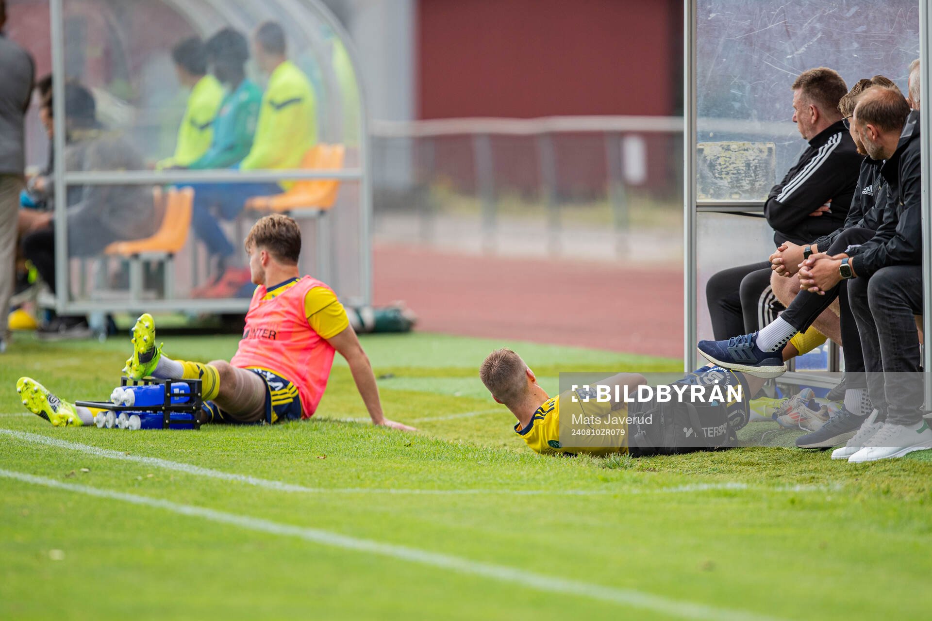 Ängelholms Johan Gudmundsson och Vilgot Carlsson skadades under fotbollsmatchen i Division 1 Södra mellan Ängelholm och BK Olympic den 10 augusti 2024 i Ängelholm.