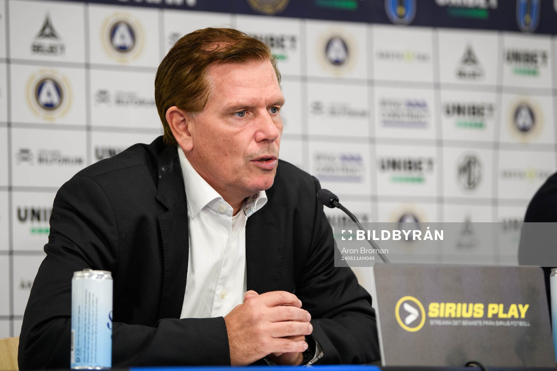 Sirius tränare Christer Mattiasson under en presskonferens efter fotbollsmatchen i Allsvenskan mellan Sirius och Kalmar den 11 augusti 2024 i Uppsala.