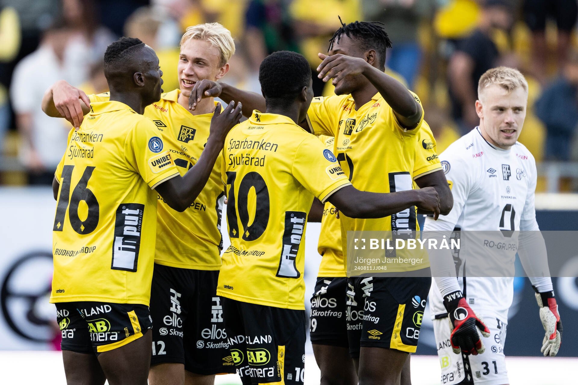 Elfsborgs spelare jublar efter fotbollsmatchen i Allsvenskan mellan Elfsborg och GAIS den 11 augusti 2024 i Borås. 